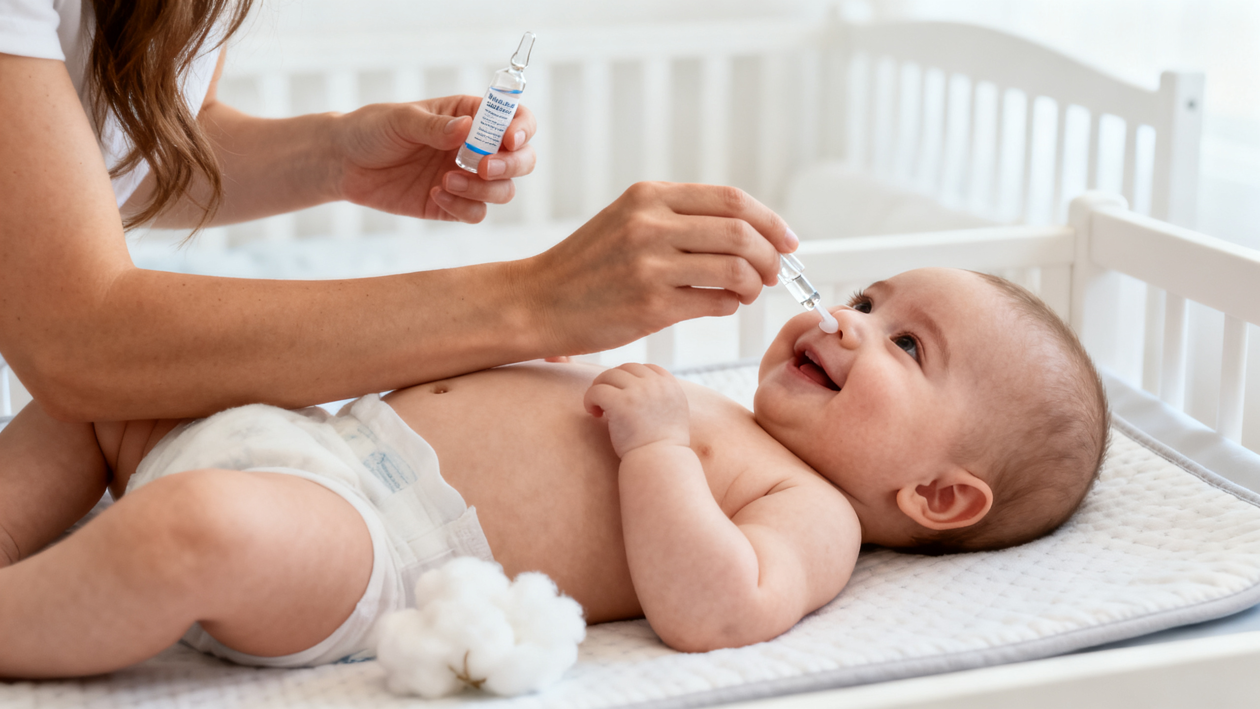 Parent réalisant un lavage de nez sur un bébé de 6 mois avec une dosette de sérum physiologique