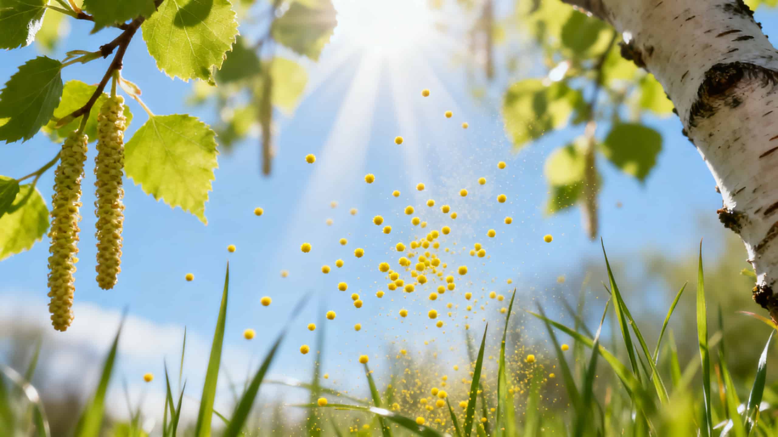 Macro photographie de grains de pollen jaunes flottant dans l'air au printemps sous la lumière du soleil