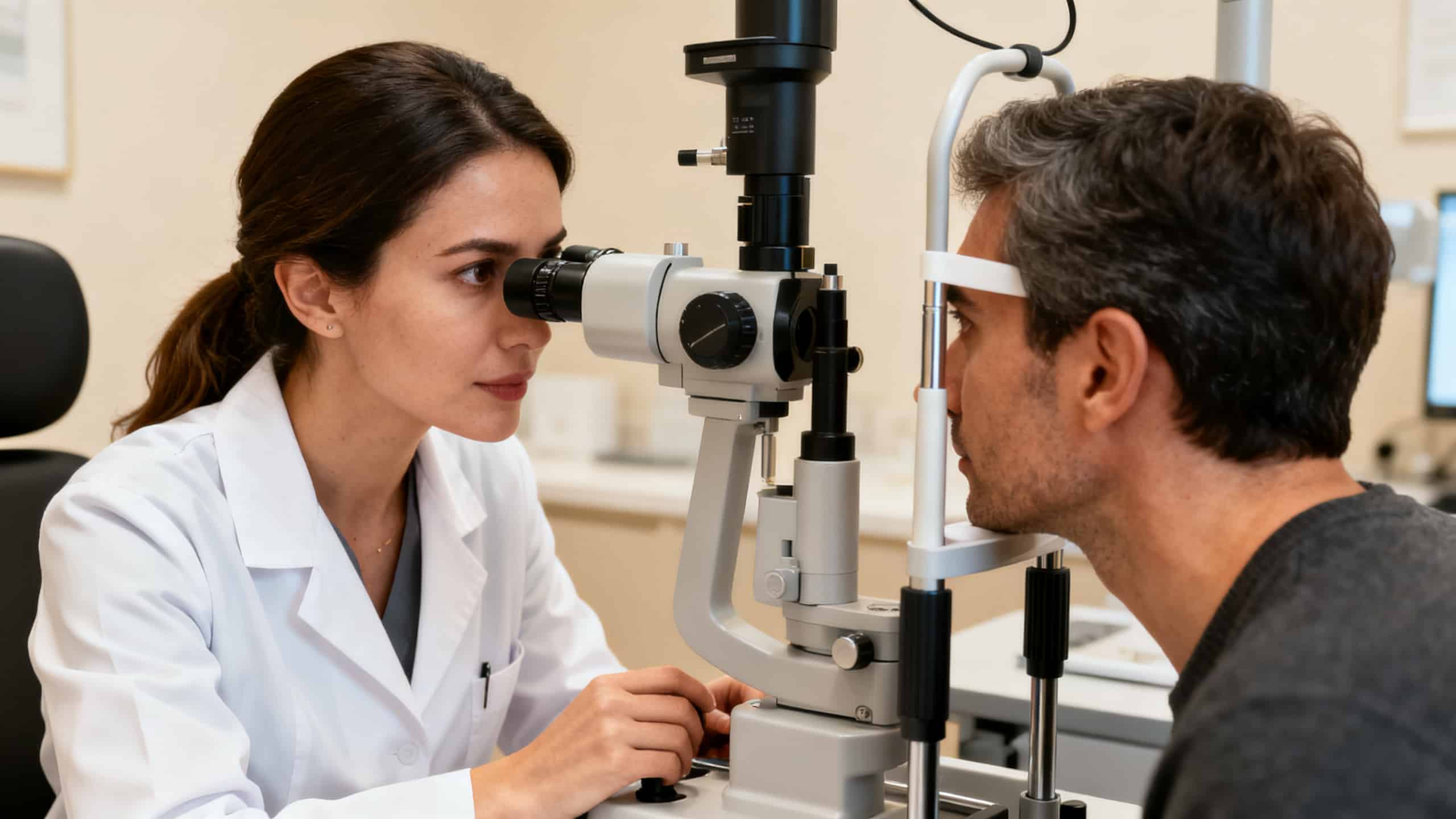 Ophtalmologue examinant les yeux d'un patient à la lampe à fente lors d'une consultation pour conjonctivite allergique