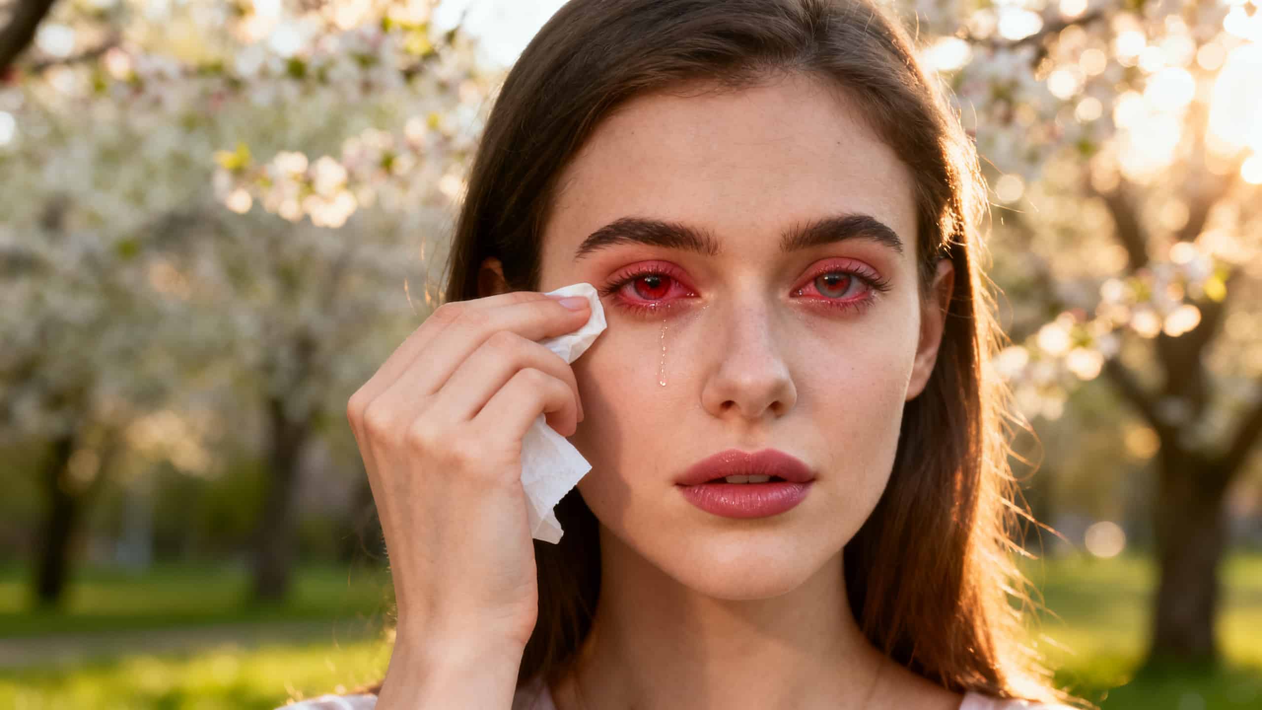 Femme aux yeux rouges irritée par le pollen au printemps, symptôme typique de conjonctivite allergique