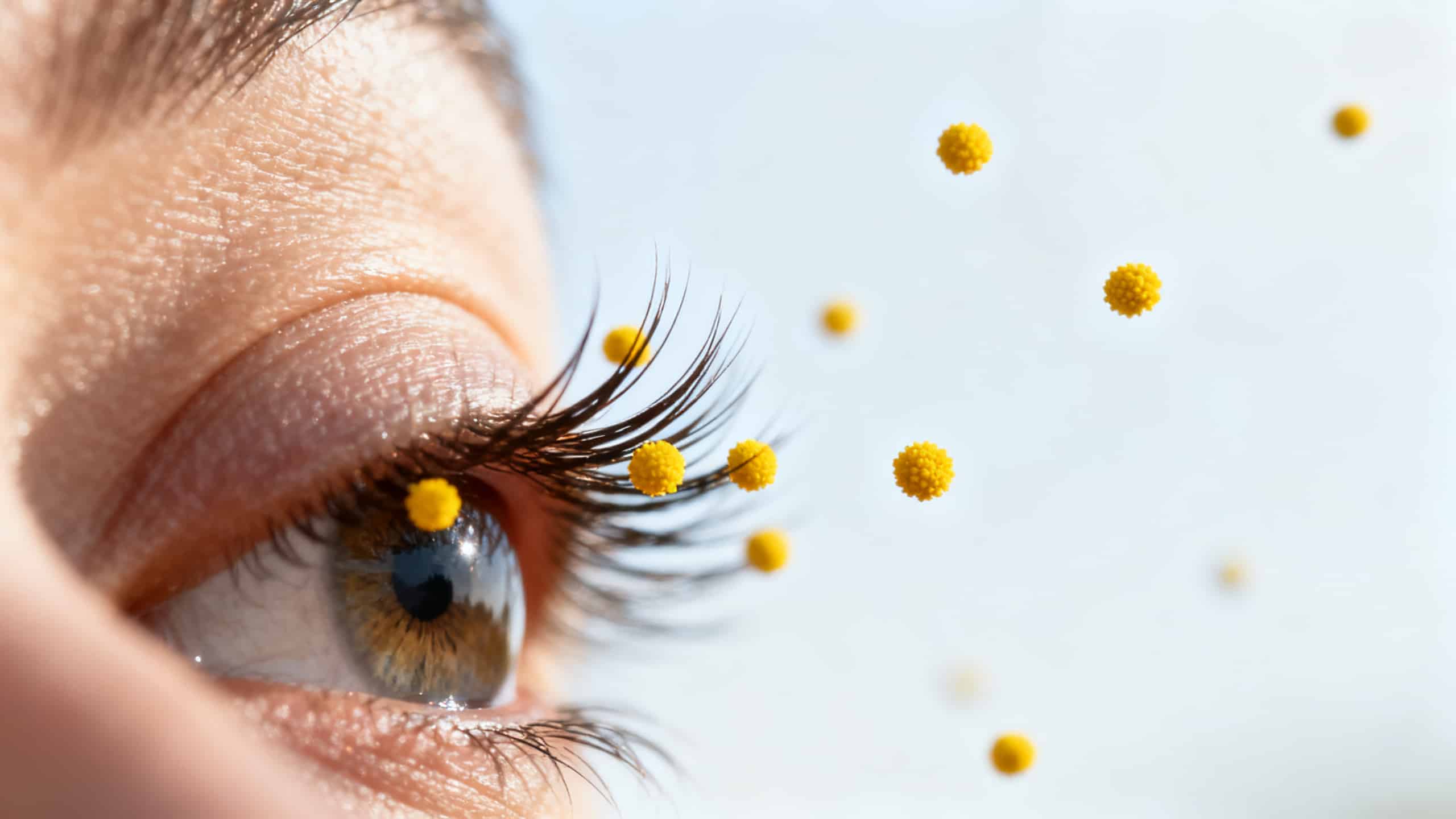 Macro photographie de grains de pollen flottant près de cils humains, illustrant l'exposition oculaire aux allergènes