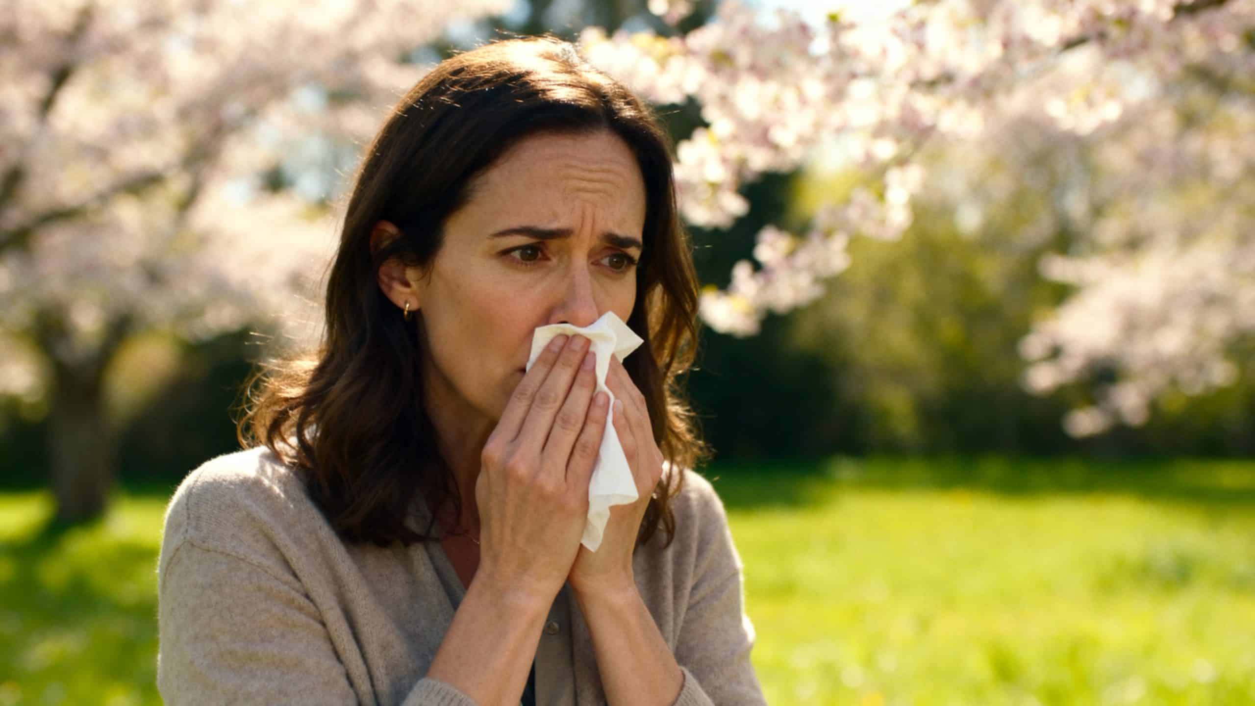 Jeune femme se mouchant dans un jardin au printemps se demandant si elle a un rhume ou une allergie au pollen