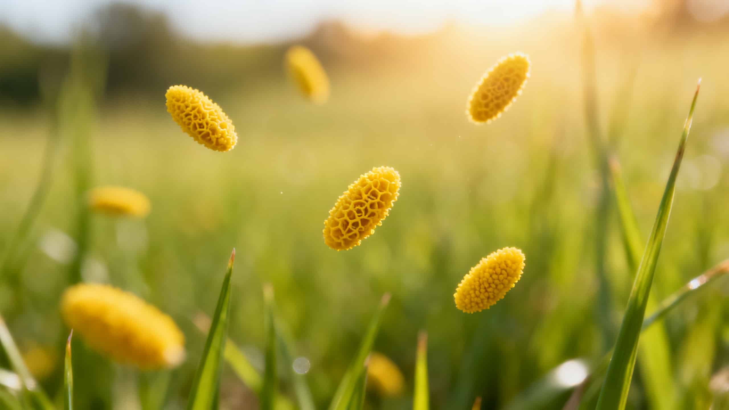 Grains de pollen en suspension dans la lumière dorée d une prairie au printemps