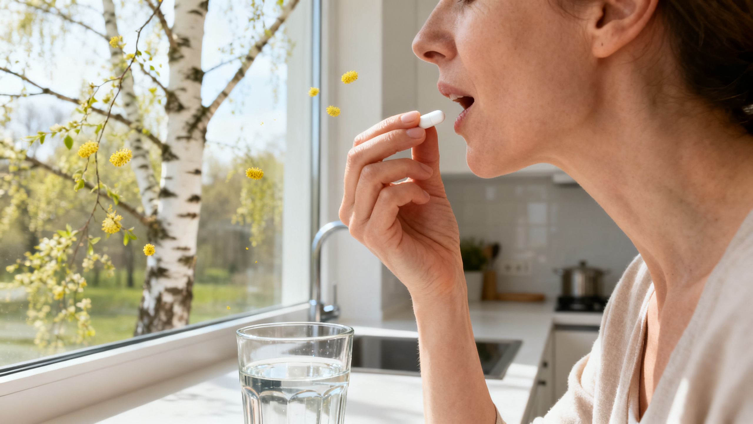 Adulte prenant un comprimé antihistaminique avec un verre d'eau le matin, fenêtre printanière
