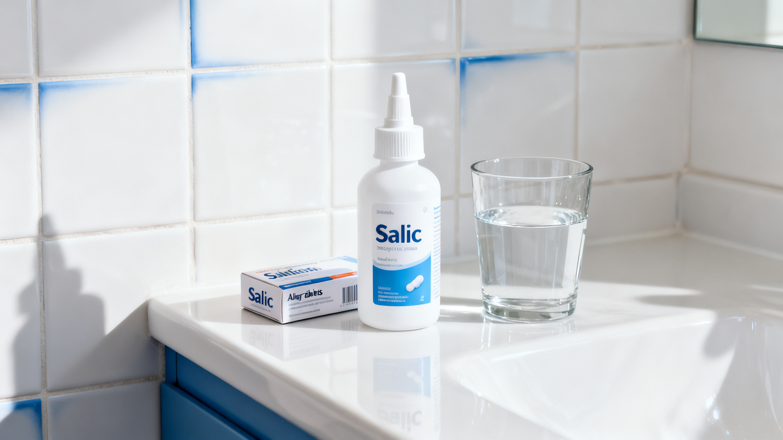Spray de lavage nasal et boîte d'antihistaminiques côte à côte sur un lavabo, lumière naturelle