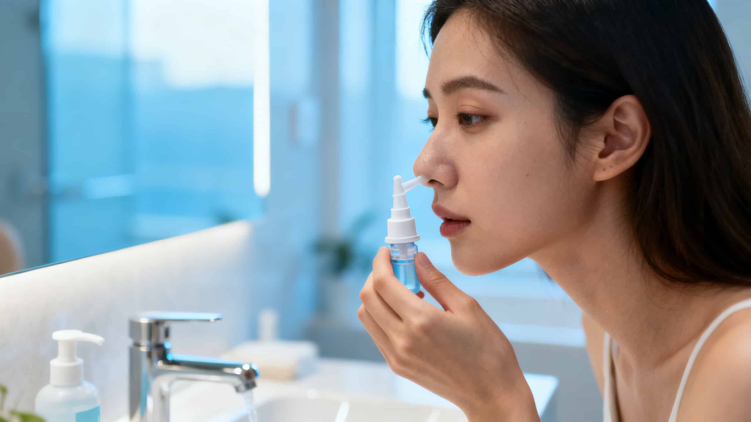 Jeune femme réalisant un lavage de nez au sérum physiologique en complément de sa désensibilisation