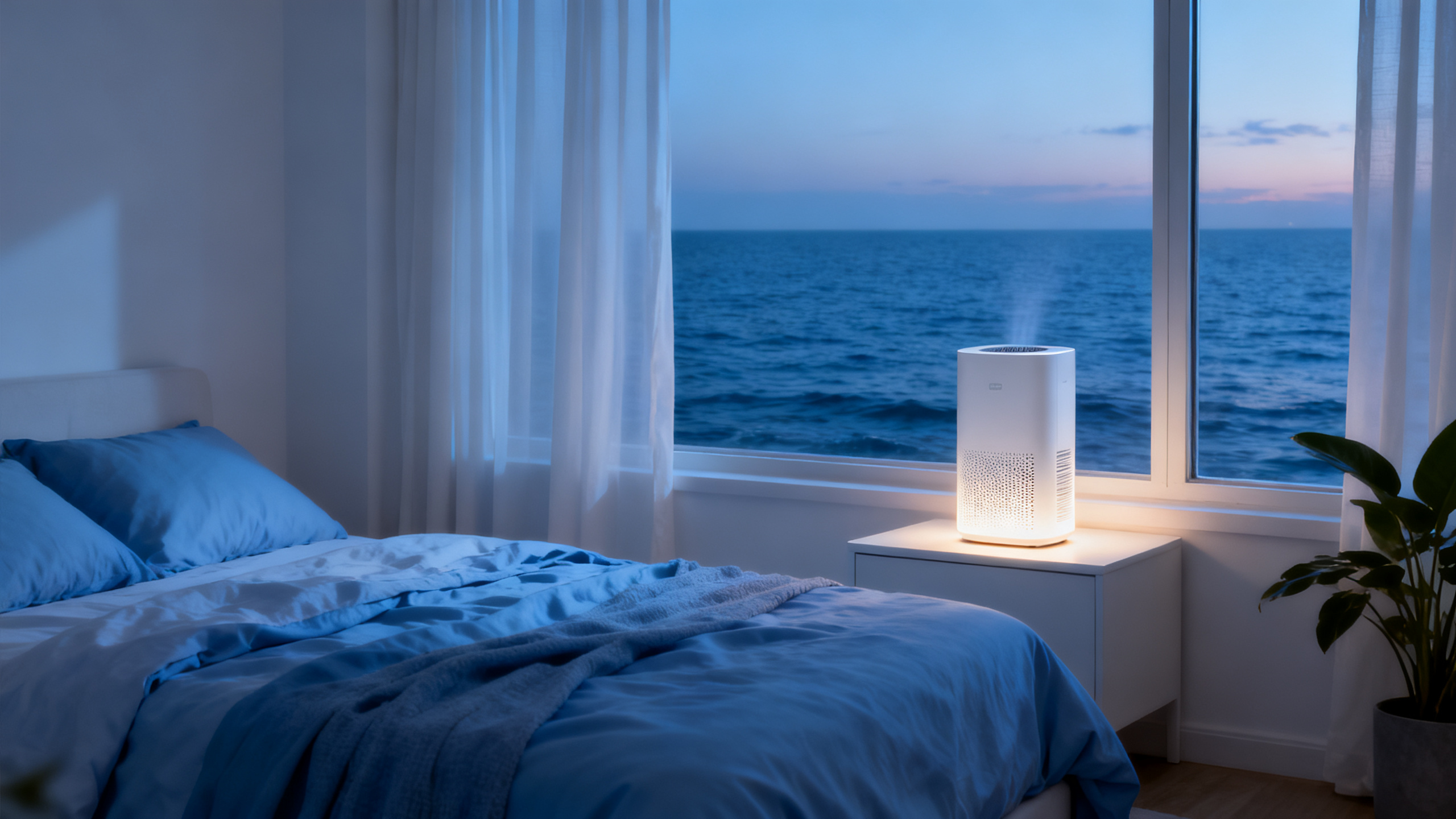 Chambre apaisante avec purificateur d'air et fenêtre fermée pour limiter le pollen pendant la saison pollinique