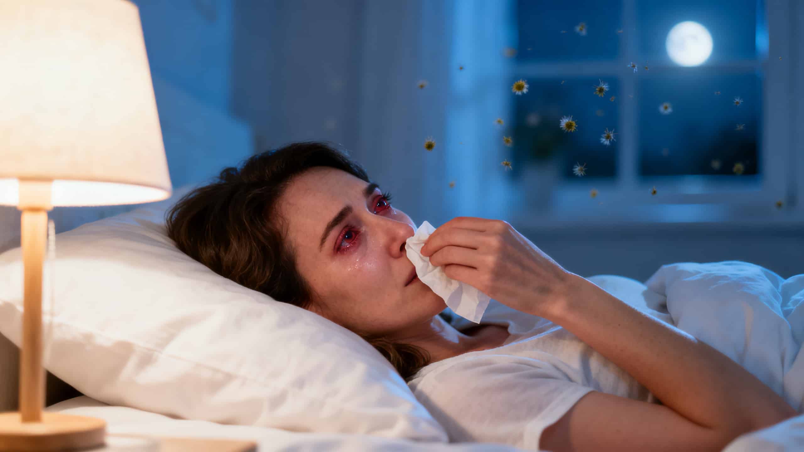 Femme allergique au pollen éveillée la nuit, mouchoir à la main, expression de fatigue printanière