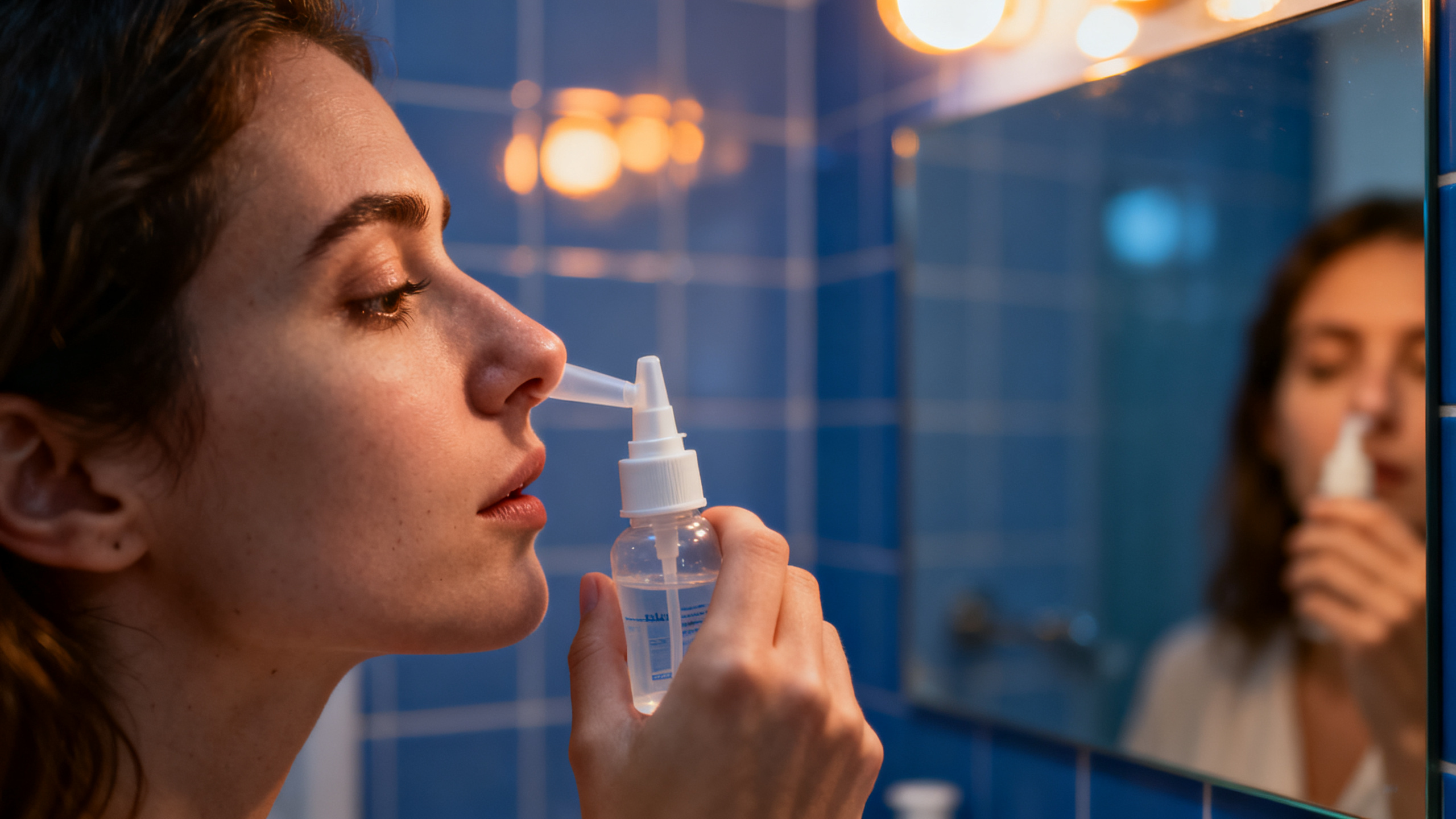 Lavage de nez avec spray d'eau de mer le soir avant le coucher pour évacuer les pollens accumulés