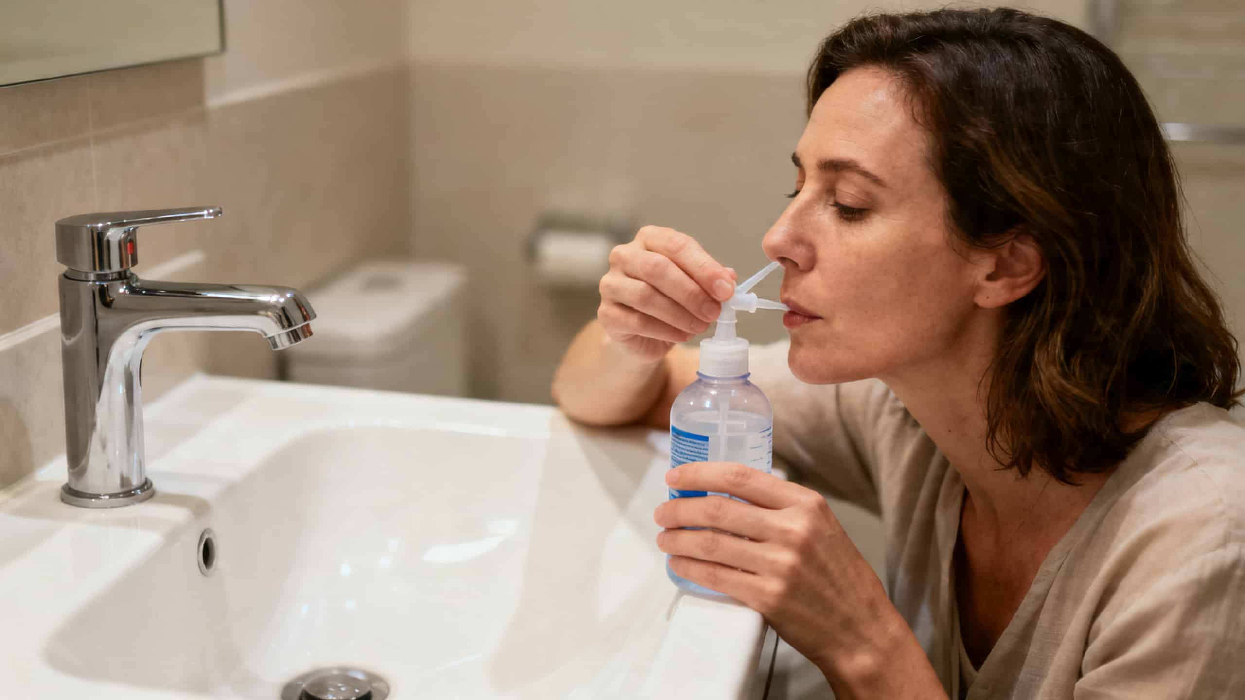 Femme effectuant un lavage de nez à la solution saline pour soulager les symptômes d'allergie au pollen