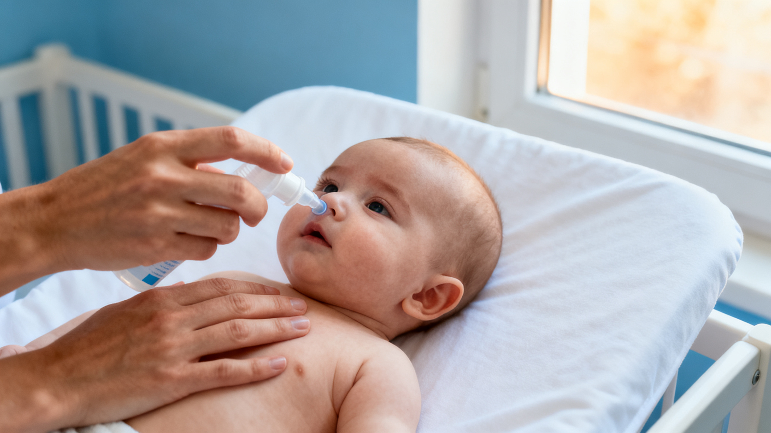 Parent lavant le nez d un bébé fiévreux avec une dosette de sérum physiologique
