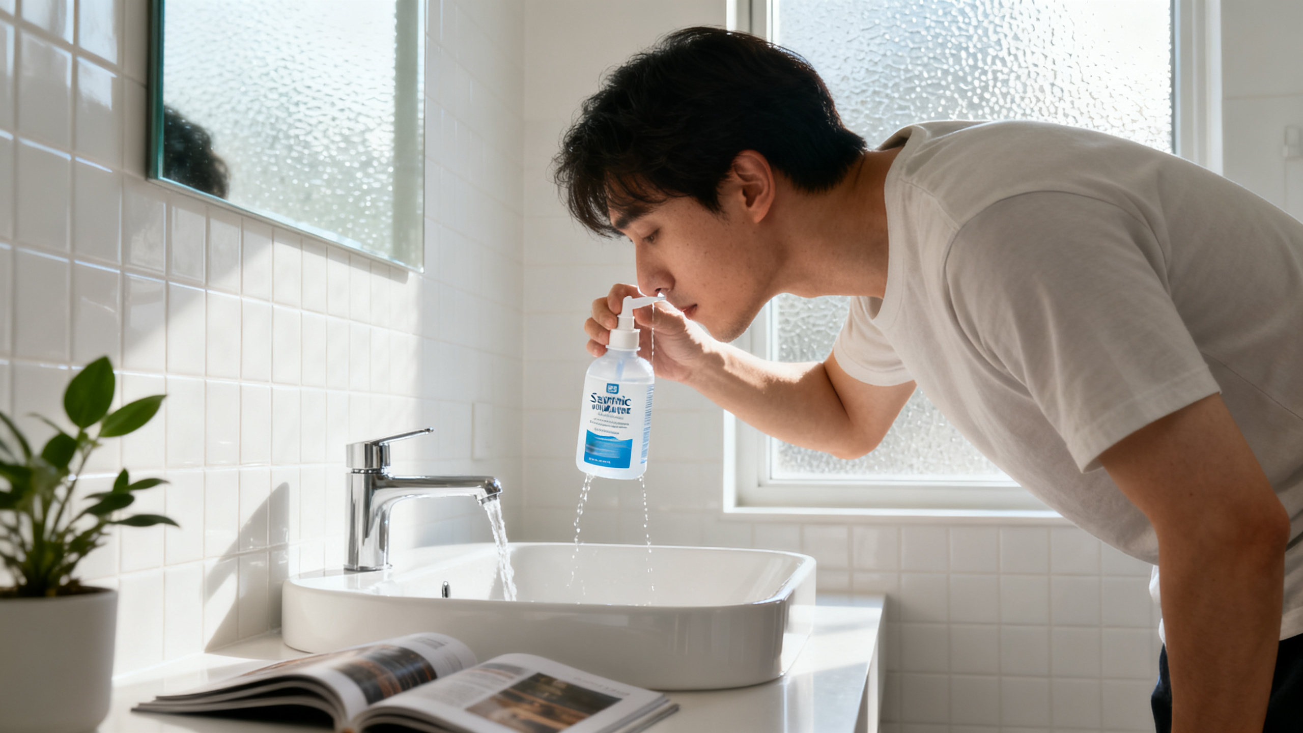Adulte effectuant un lavage de nez à l'eau de mer isotonique au-dessus d'un lavabo, geste recommandé en cas d'allergie aux moisissures
