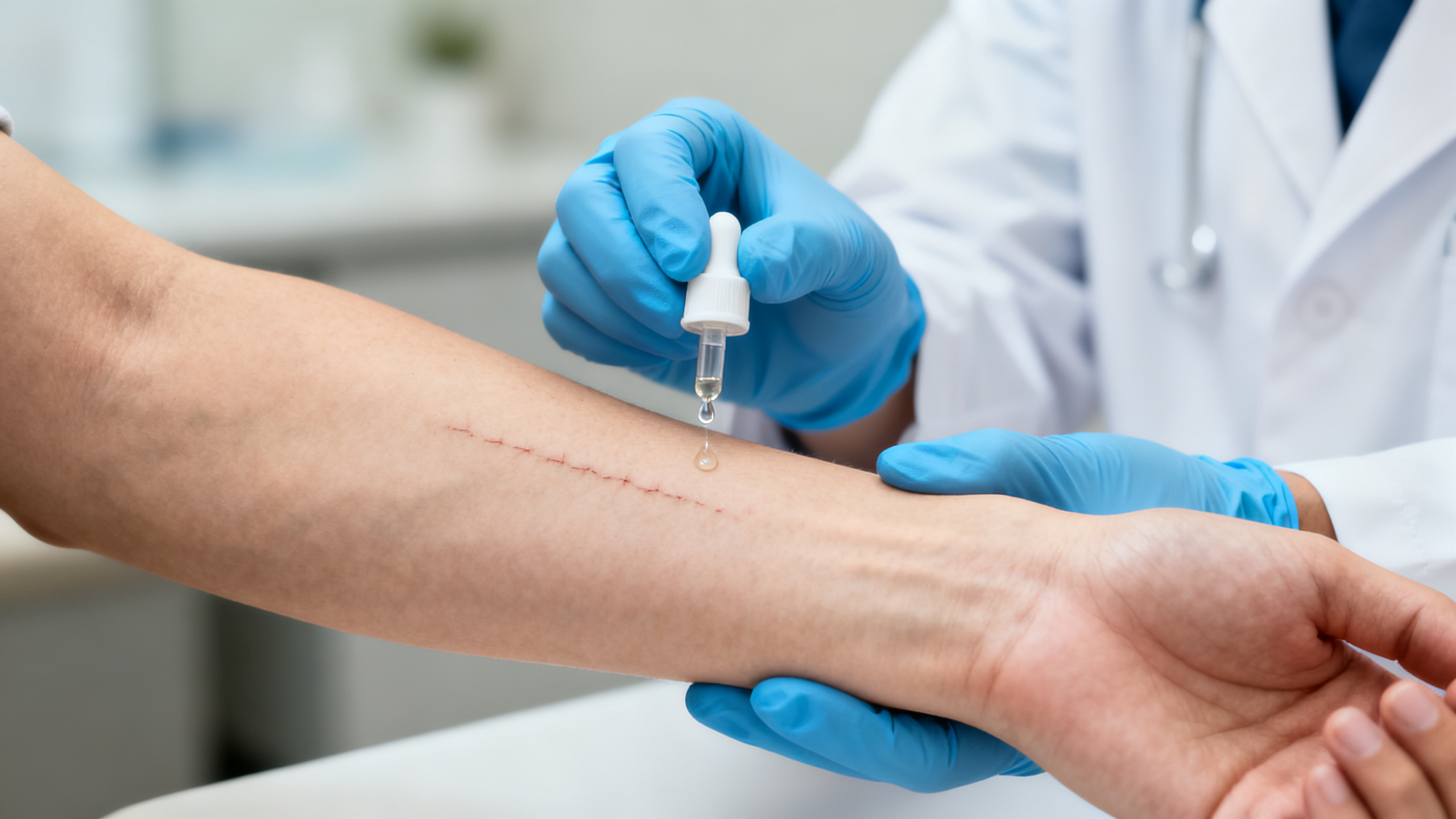 Médecin allergologue effectuant un prick-test cutané pour diagnostiquer une allergie aux moisissures sur l'avant-bras d'une patiente