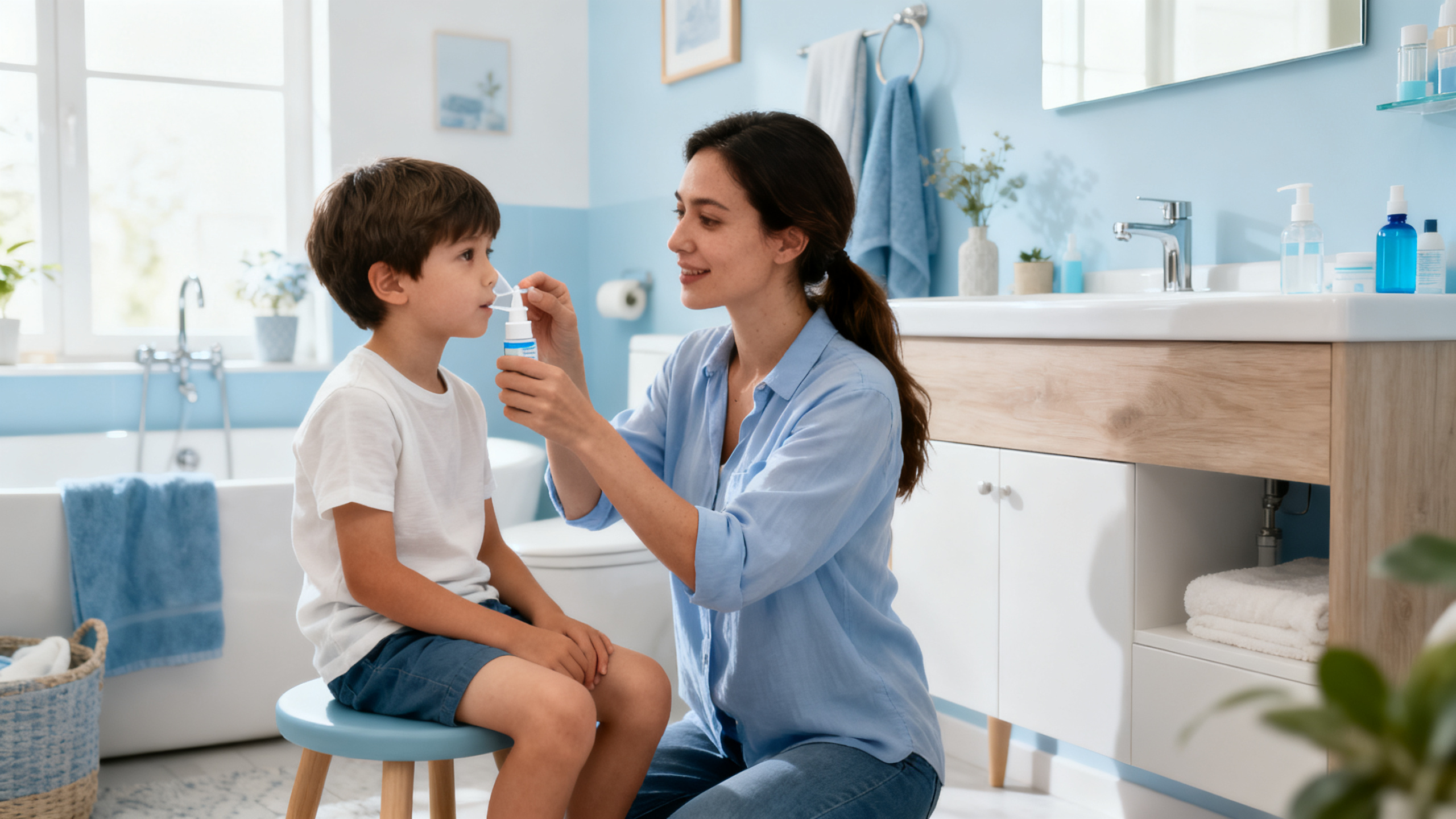 Maman supervisant son enfant utilisant un spray nasal au sérum physiologique