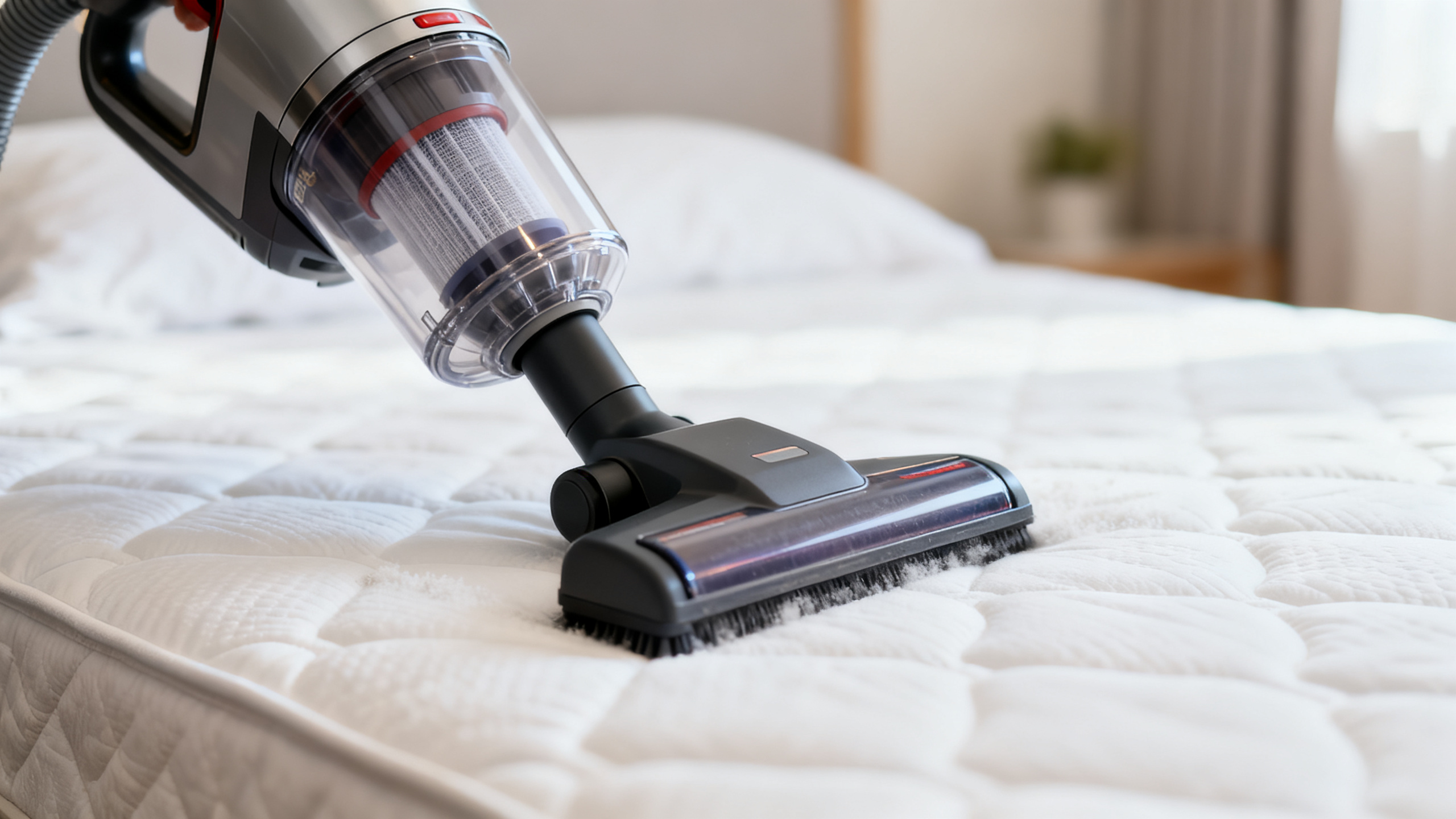 Aspirateur HEPA équipé d'un embout matelas en train d'aspirer un matelas blanc dans une chambre lumineuse