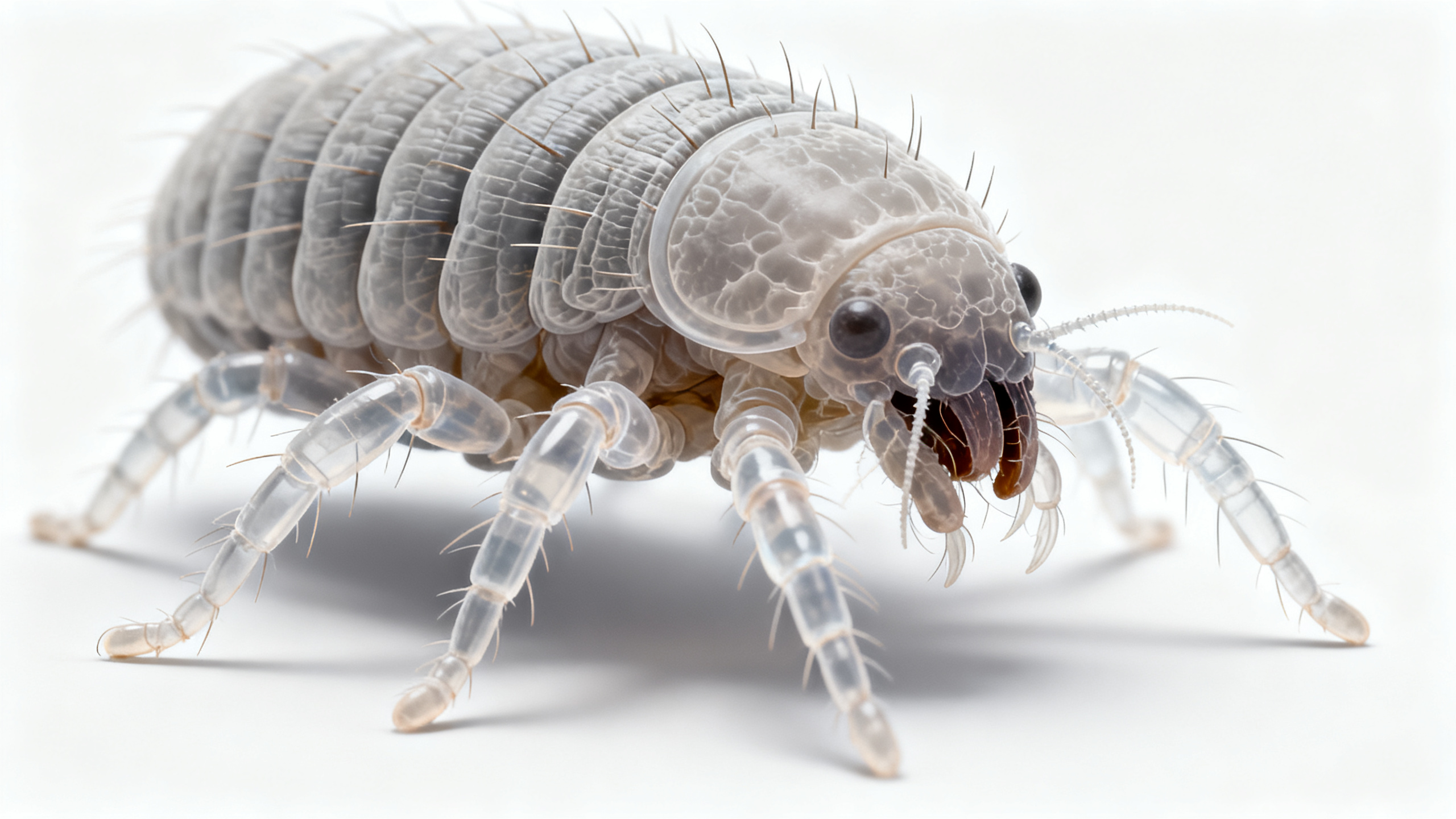 Illustration scientifique éducative d'un acarien domestique Dermatophagoides au microscope sur fond blanc, montrant la morphologie de la créature responsable de l'allergie