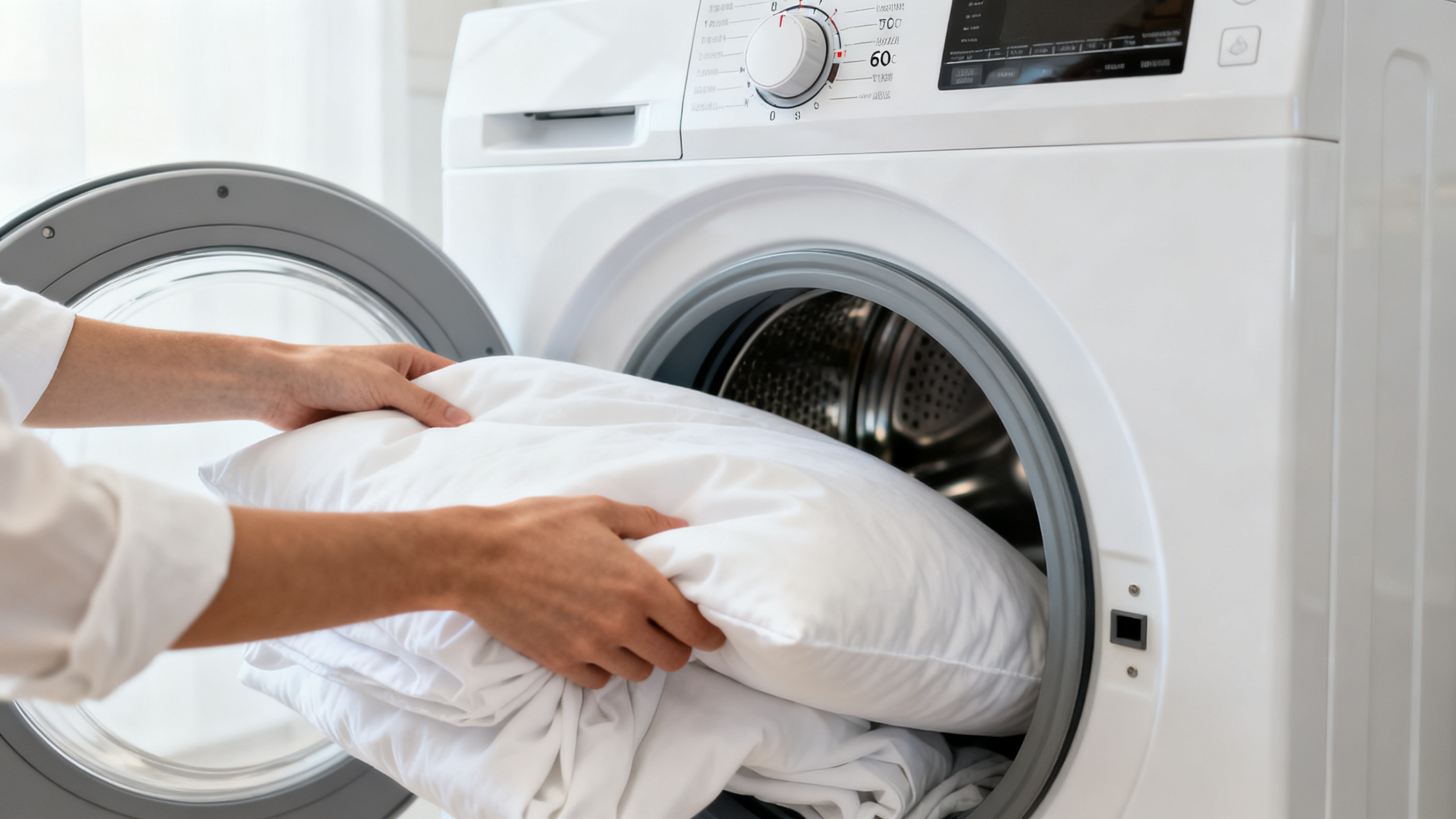 Mains chargeant des draps blancs dans une machine à laver réglée à 60 degrés Celsius