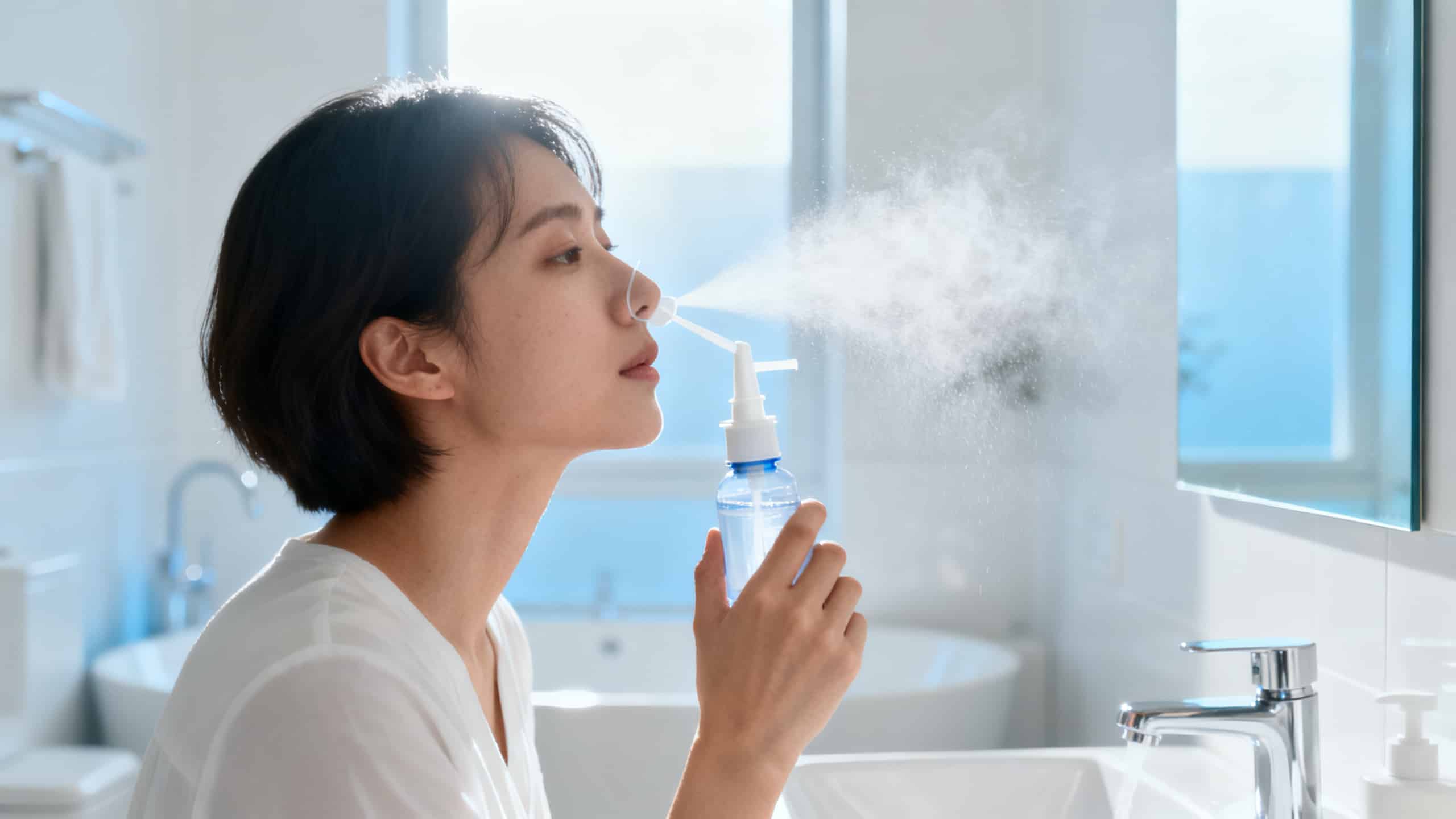 Personne pratiquant un lavage de nez avec sérum physiologique