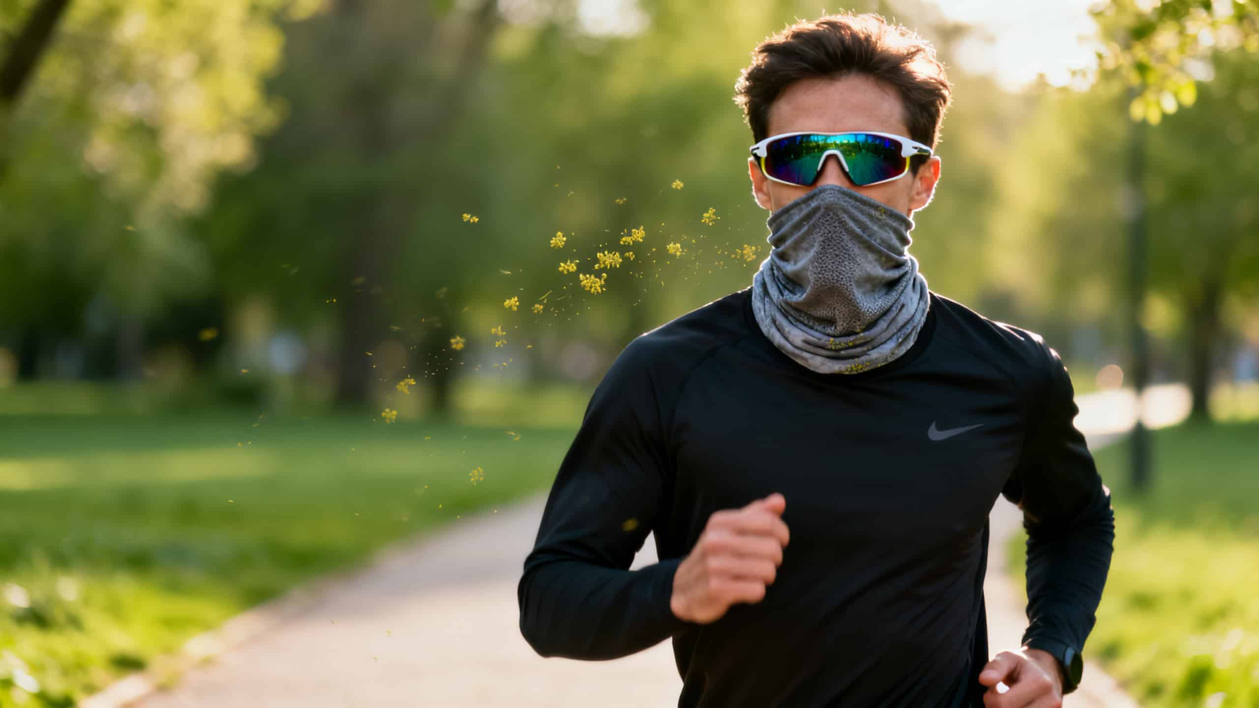 Coureur protégé par lunettes enveloppantes et buff sur le nez en saison pollinique