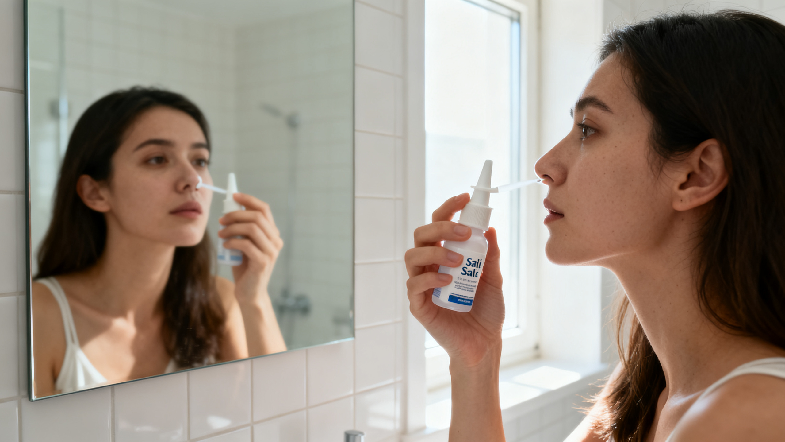 Femme utilisant un spray nasal salin pour prévenir les saignements de nez