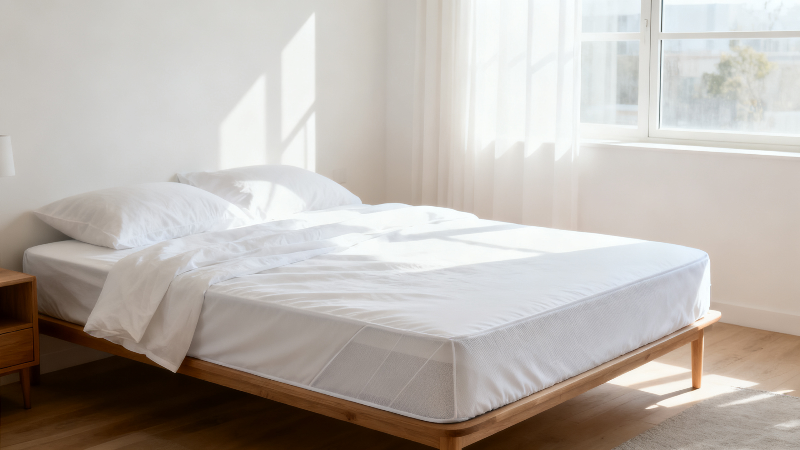 Chambre lumineuse avec housse anti-acariens visible sur le matelas pour limiter les allergènes