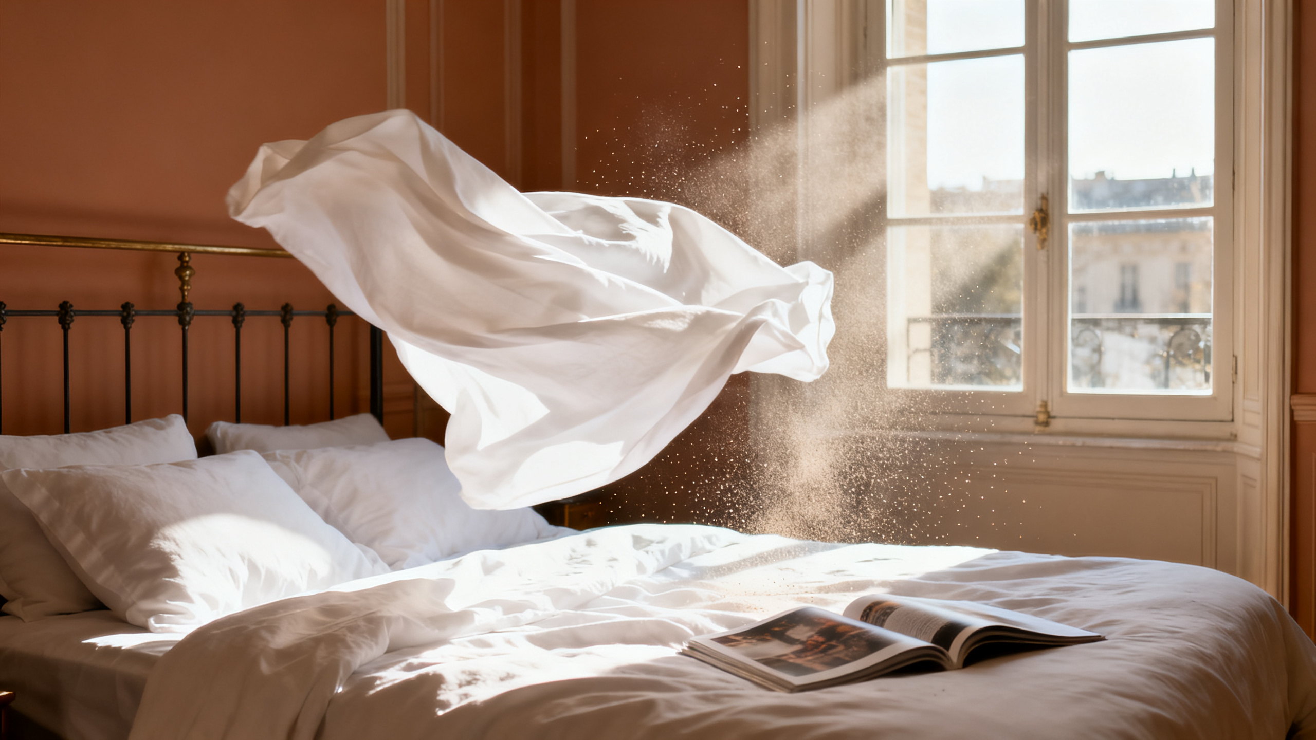 Chambre française ensoleillée le matin, draps blancs secoués, particules de poussière visibles dans les rais de lumière