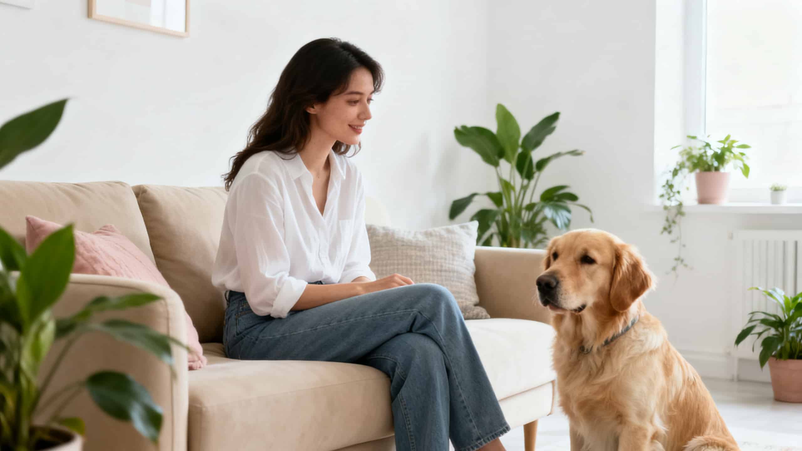 Femme allergique au chien dans un salon clair avec golden retriever