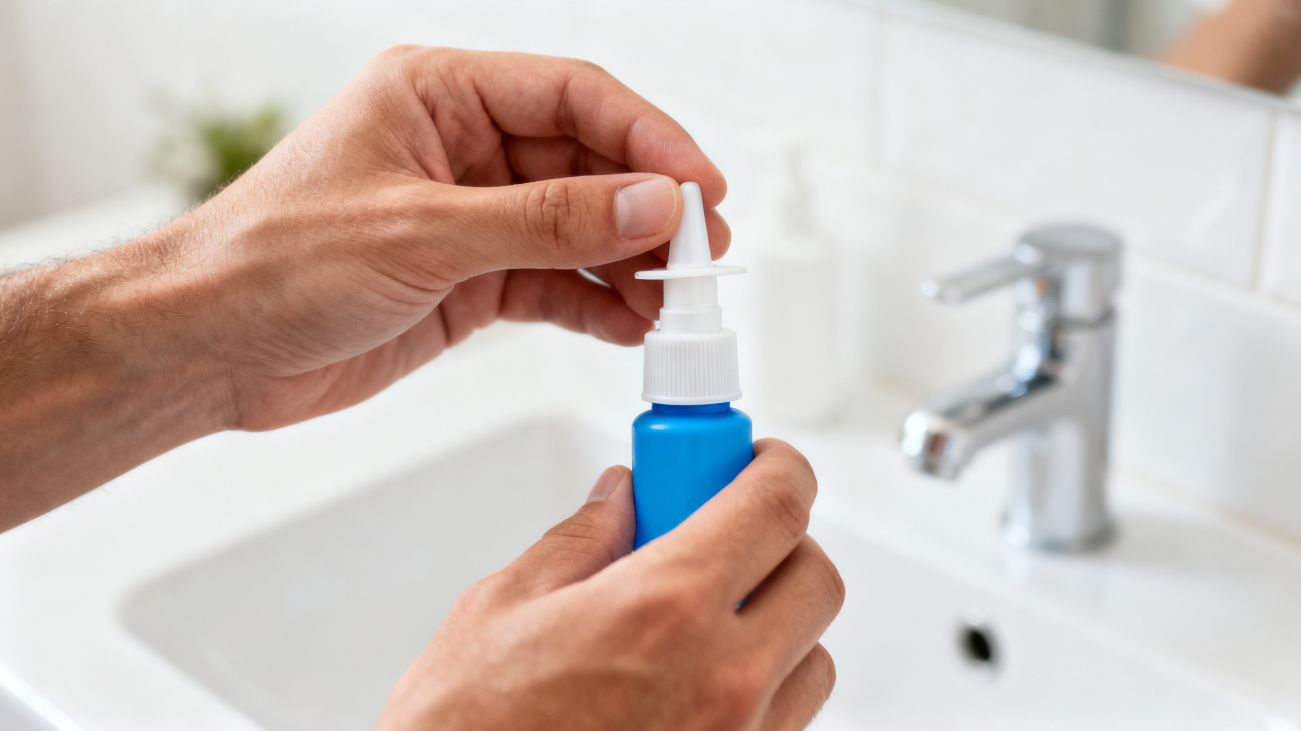 Adulte qui effectue un lavage nasal avec spray isotonique après la piscine