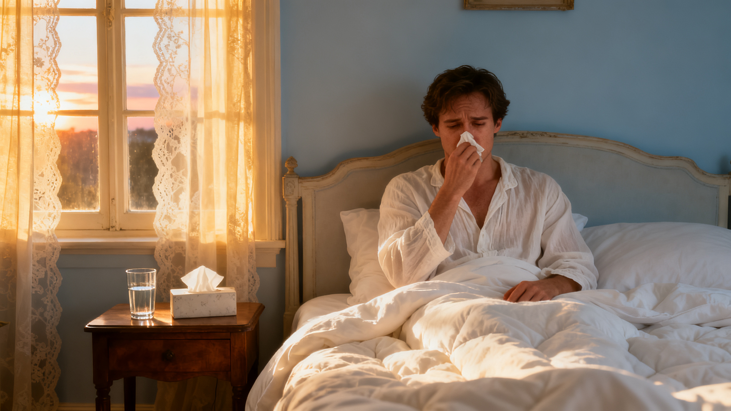 Personne au réveil avec le nez bouché dans une chambre lumineuse aux draps blancs