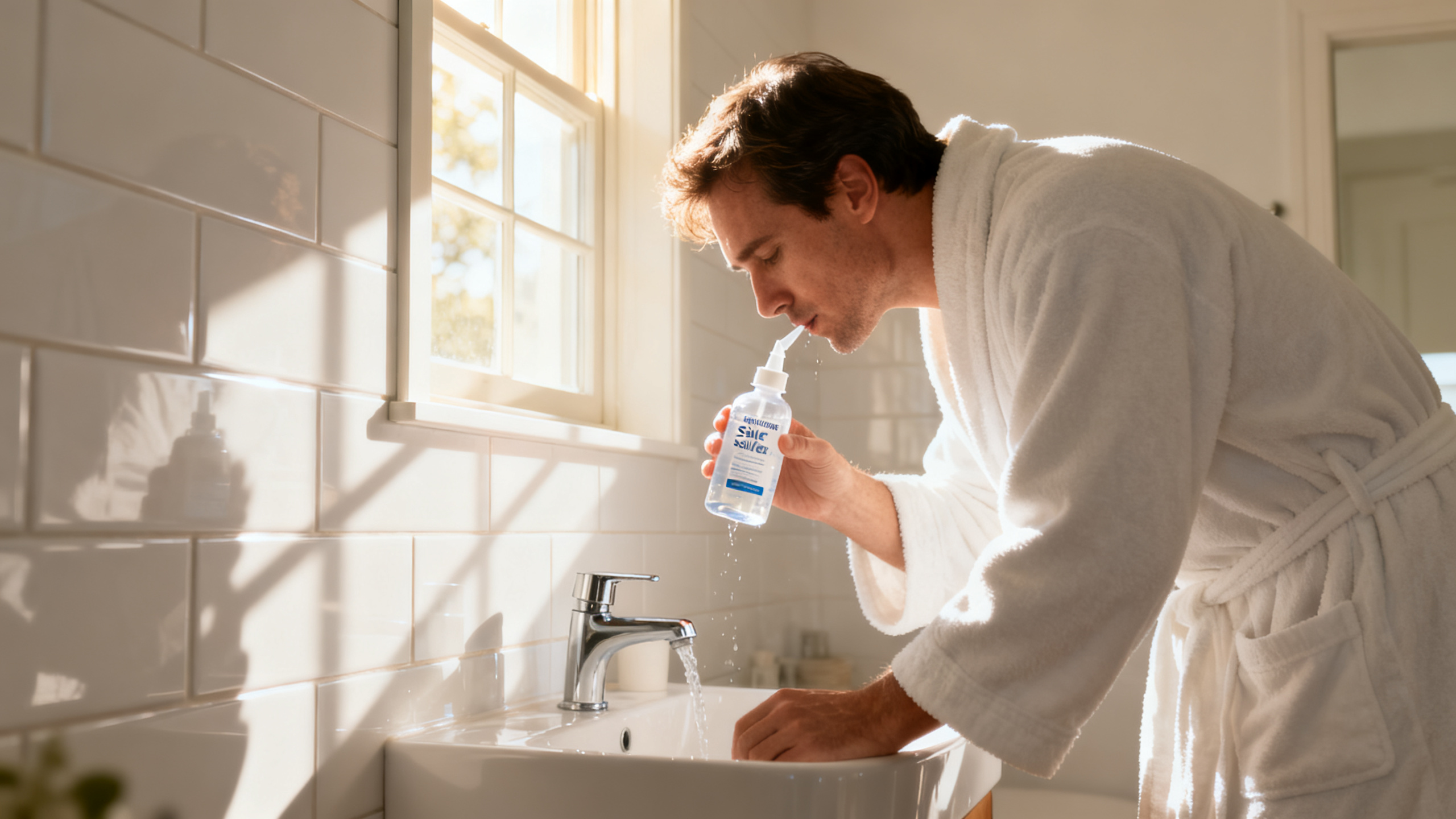Adulte réalisant un lavage nasal au sérum physiologique isotonique dans une salle de bain lumineuse