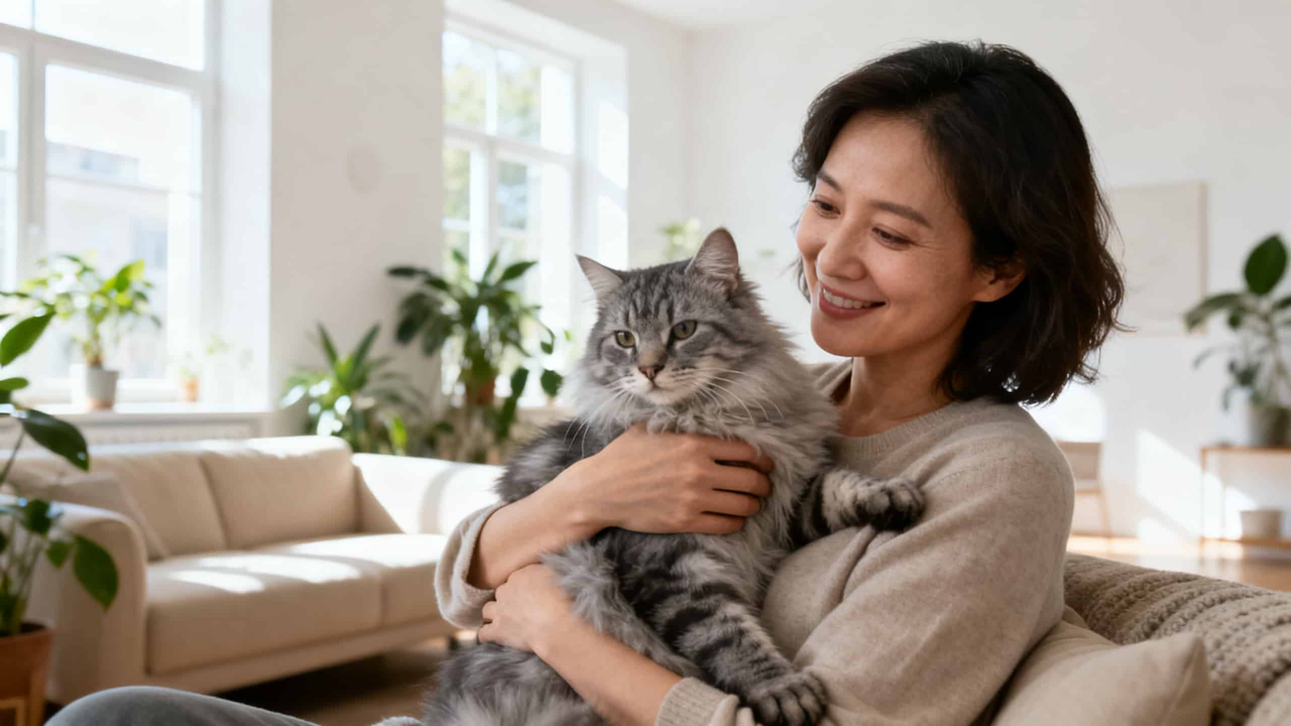 Jeune femme tenant un chat dans un salon lumineux — allergie au chat