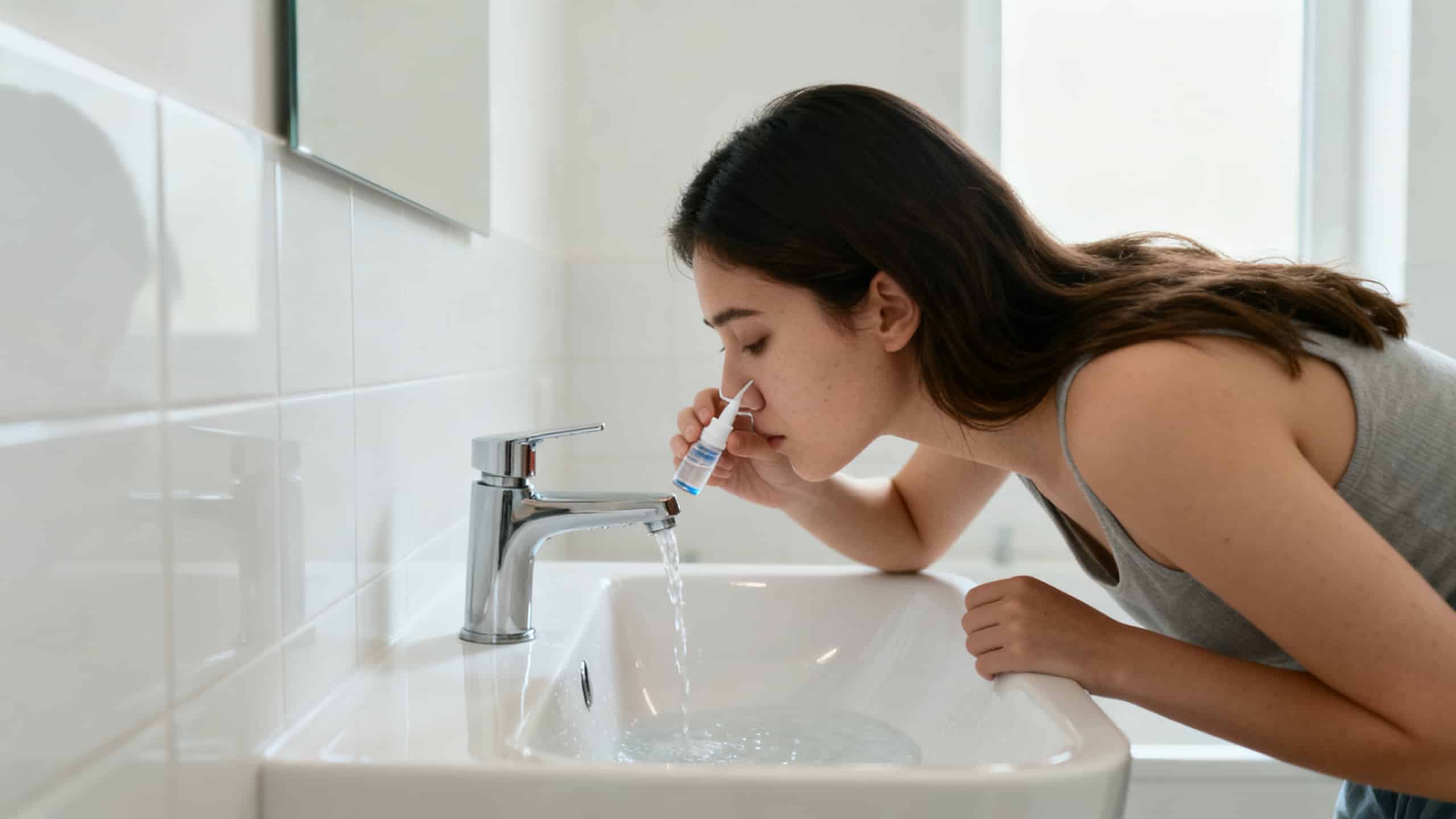 Femme effectuant un lavage de nez avec spray nasal au-dessus d'un lavabo