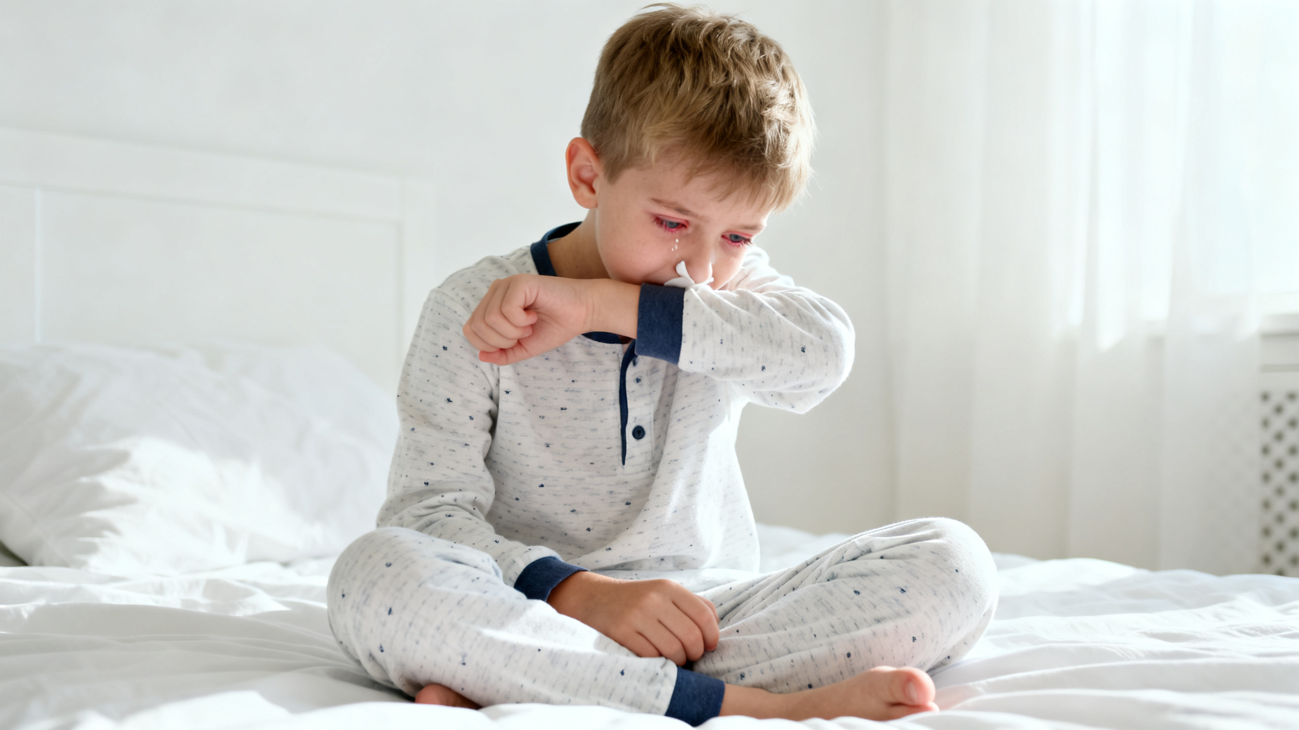 Enfant de 7 ans qui éternue le matin signe typique de rhinite allergique aux acariens