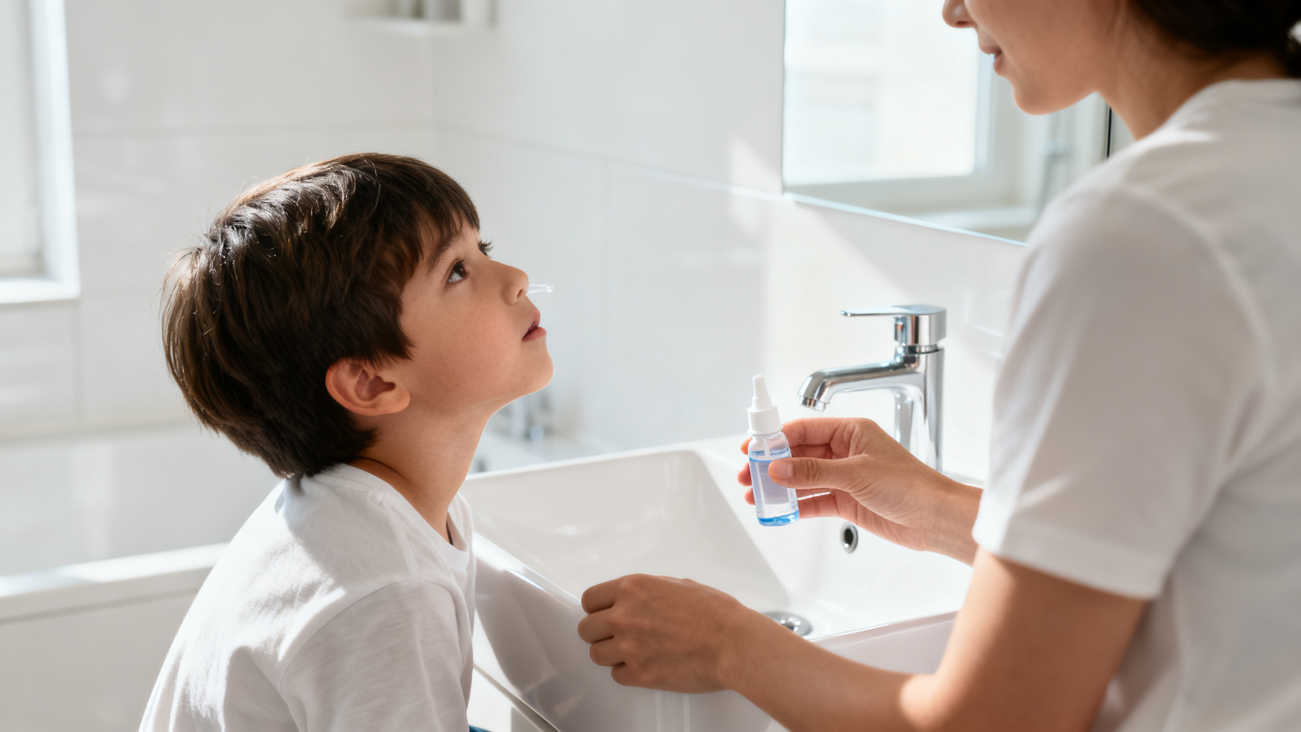 Parent qui aide son enfant à faire un lavage de nez avec sérum physiologique au-dessus du lavabo