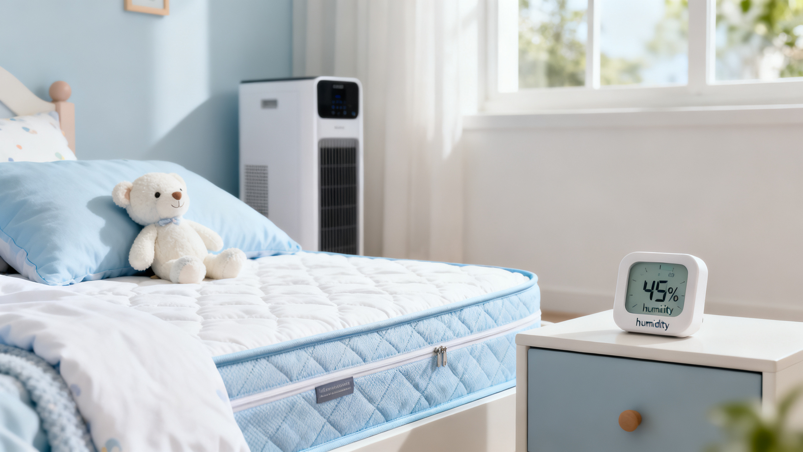 Chambre d enfant saine avec housse anti-acariens, hygrometre et purificateur HEPA pour limiter exposition aux acariens