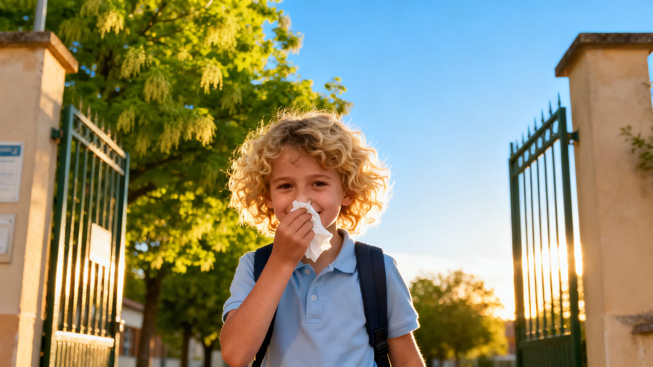 Enfant à la sortie de l'\''école au printemps avec rhinite allergique au pollen de graminées
