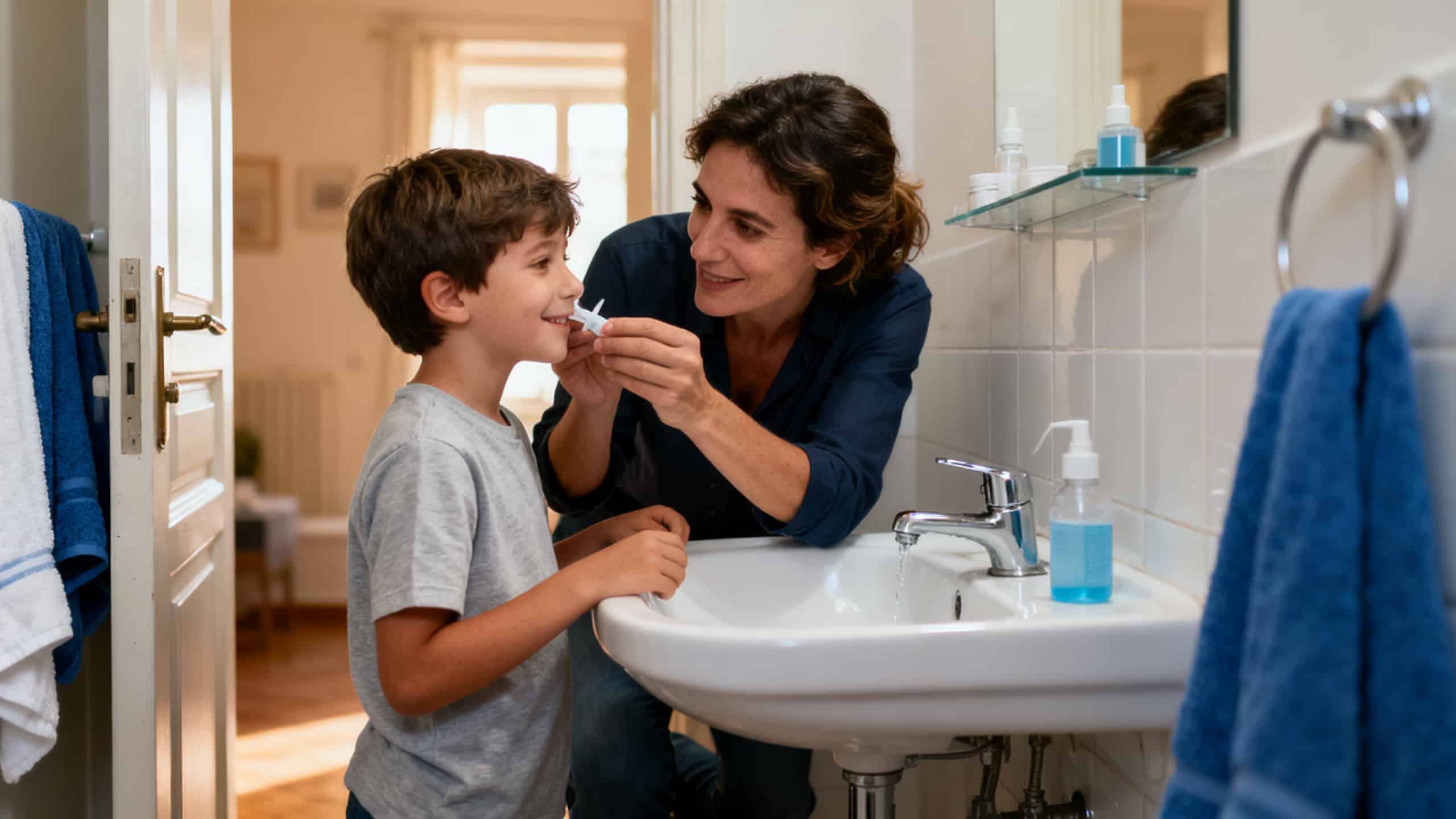 Parent aidant un enfant à faire un lavage de nez après l'école