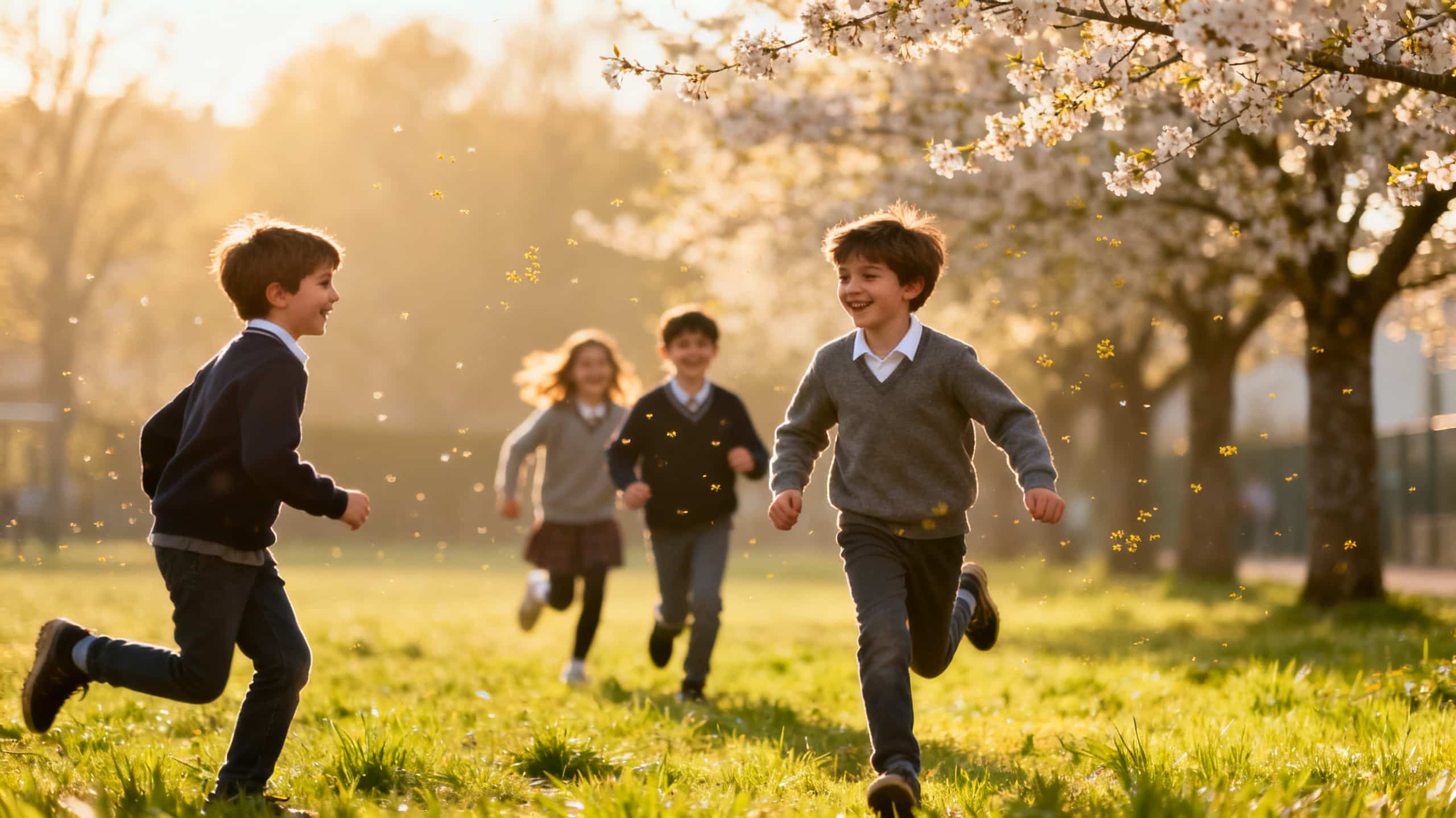 Enfants jouant dans une cour d'école au printemps avec pollens visibles