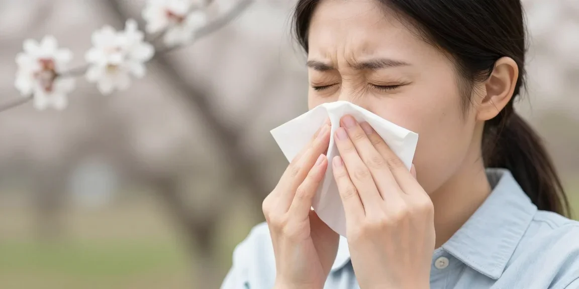 Femme éternuant à cause de la rhinite allergique au printemps