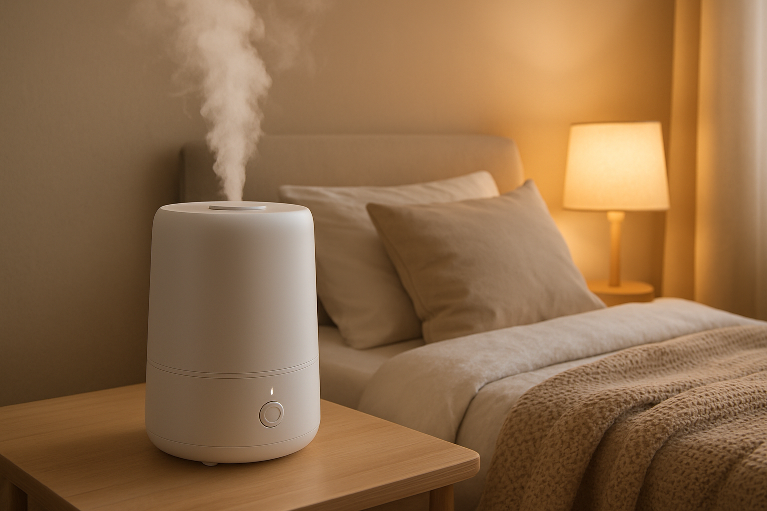 Humidificateur d'air : maintenir 40-50 % d'hygrométrie pour des muqueuses nasales saines Humidificateur d'air ultrasonique dans une chambre pour prévenir le nez sec