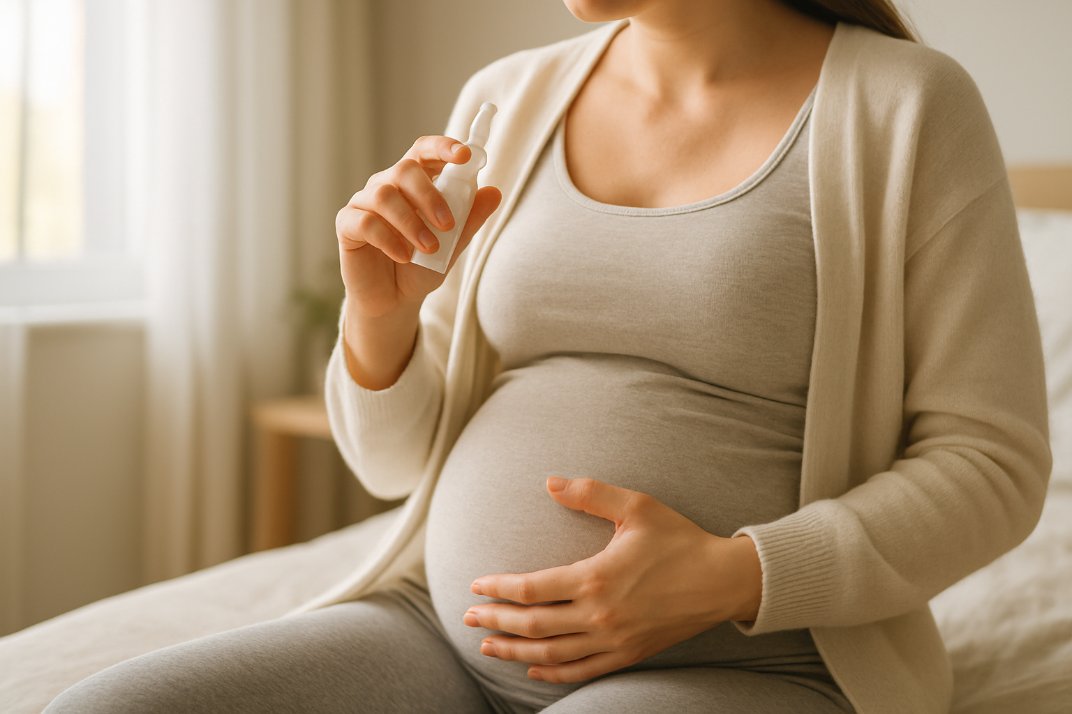 Femme enceinte utilisant un spray nasal isotonique pour rhinite de grossesse