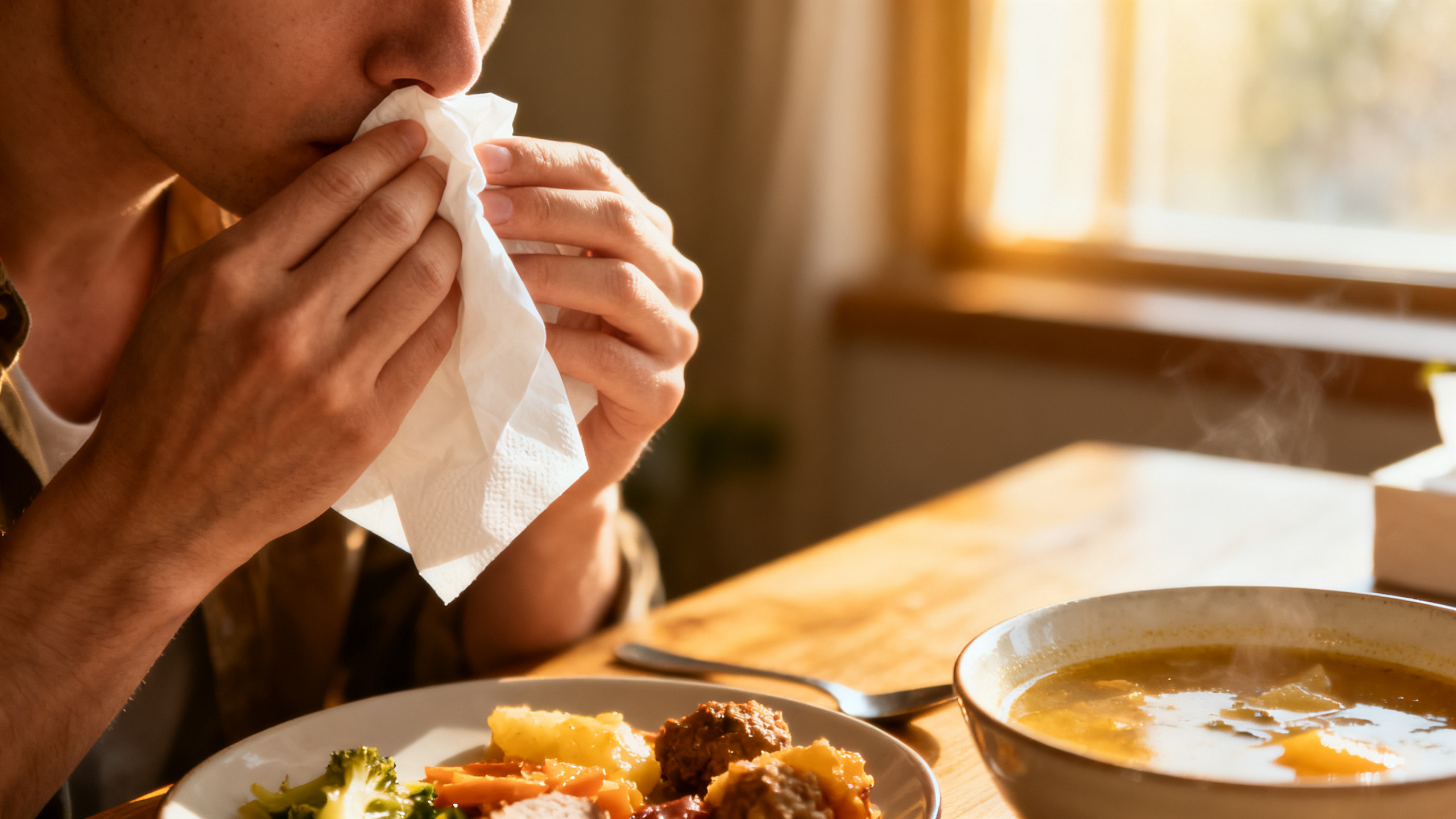 Personne avec rhinite gustative, nez qui coule pendant le repas