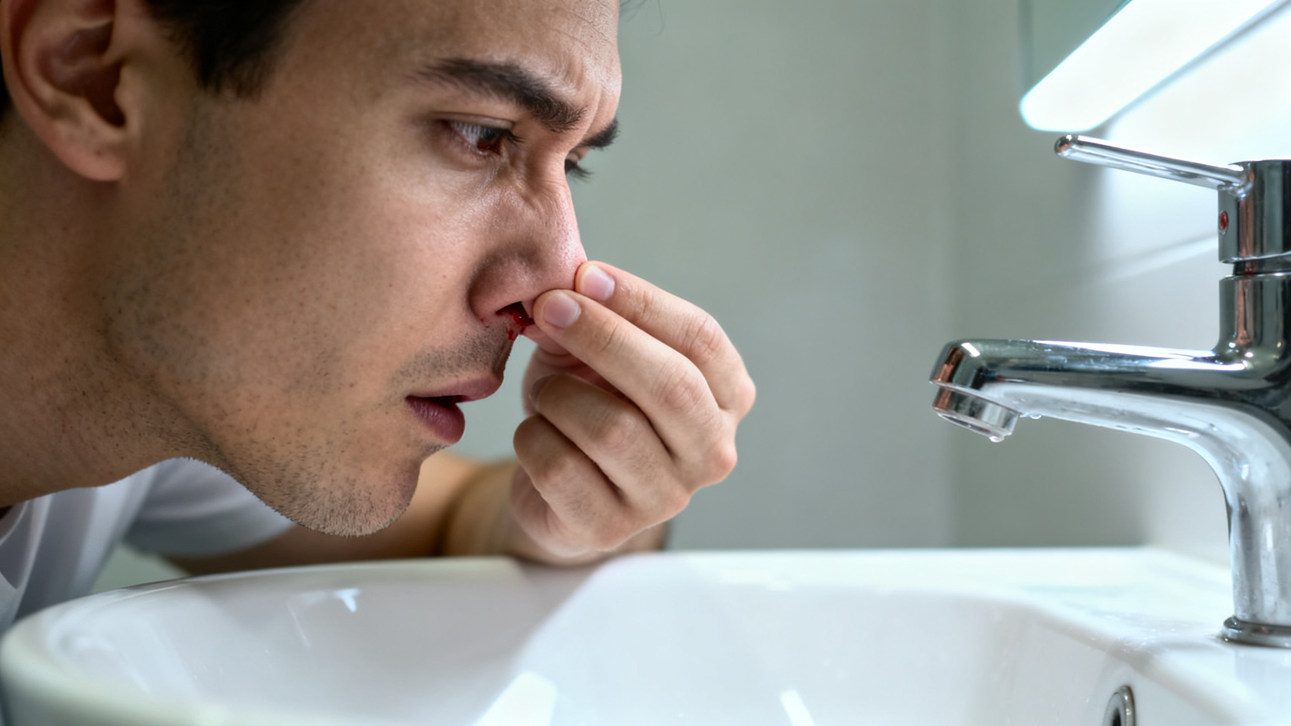 Personne pincant le nez pour arreter un saignement de nez