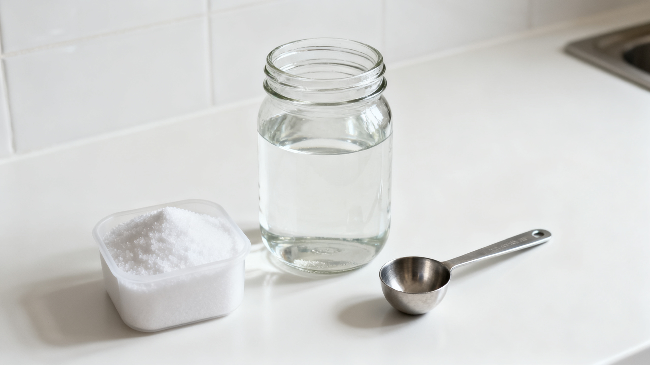 Bocal en verre avec solution saline maison, sel et cuillère doseuse sur plan de travail blanc