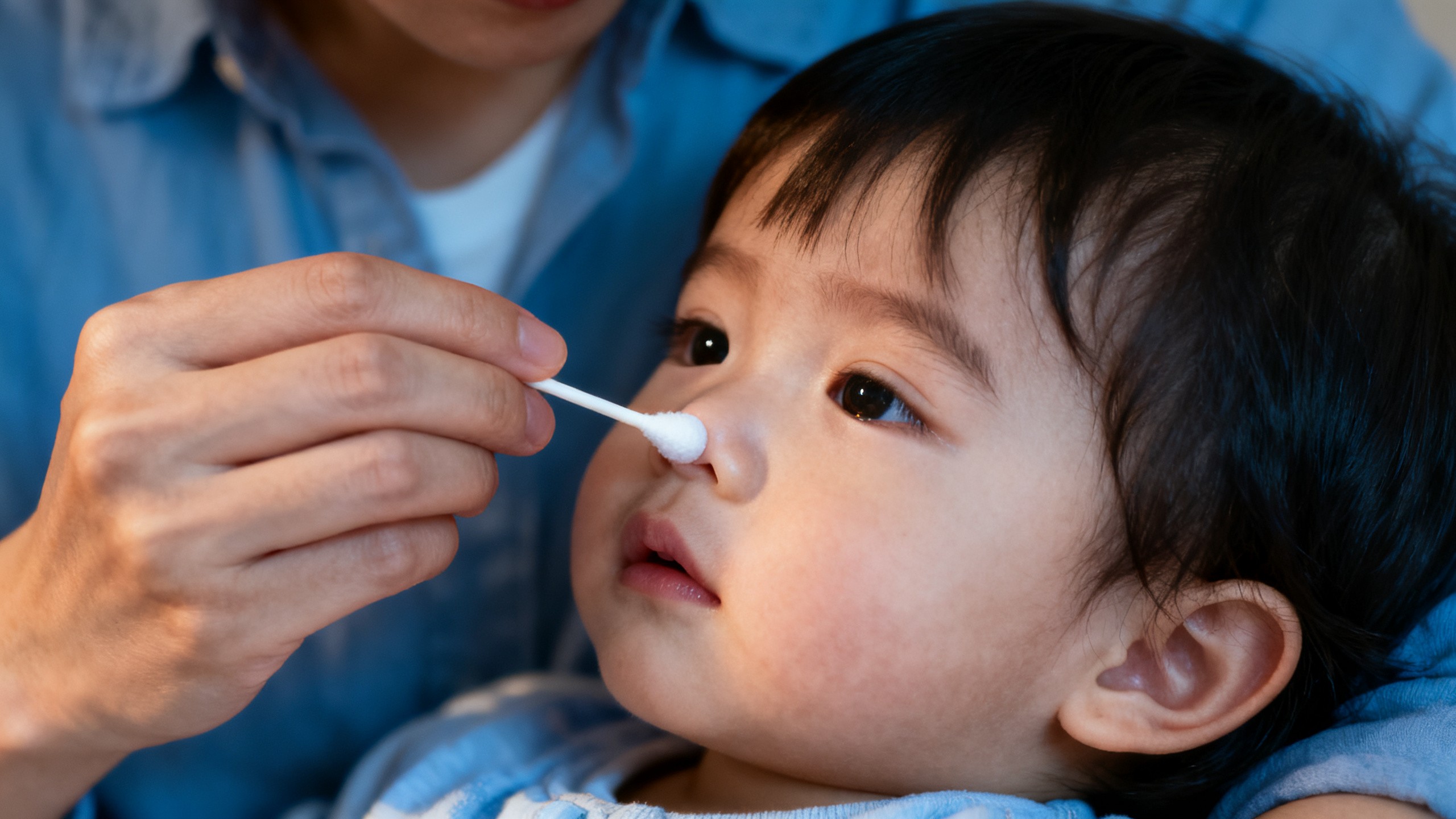 Parent effectuant un lavage de nez à son enfant pour traiter la sinusite éthmoïdale pédiatrique