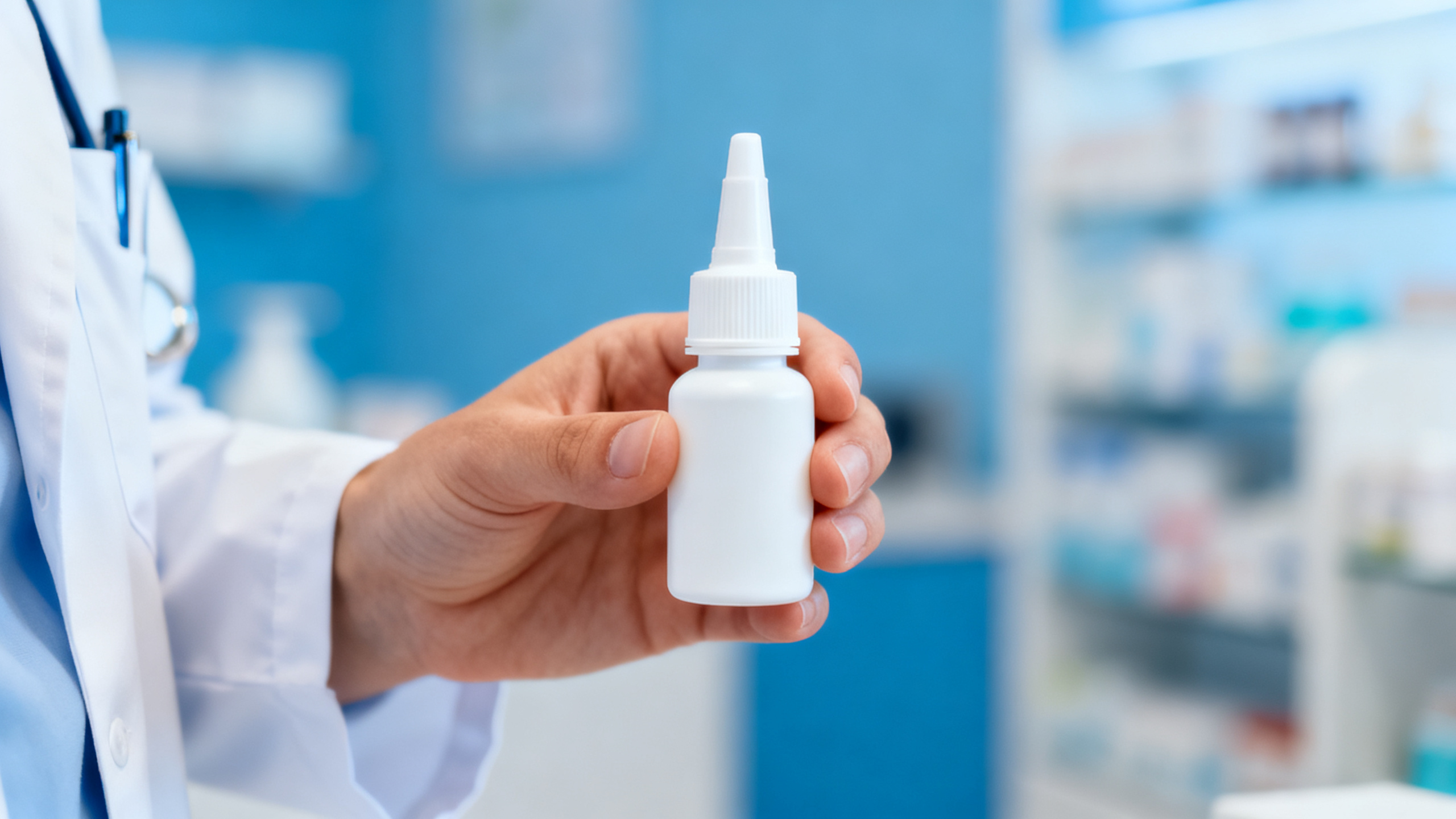 Pharmacien tenant un flacon de sérum nasal hypertonique pour bébé