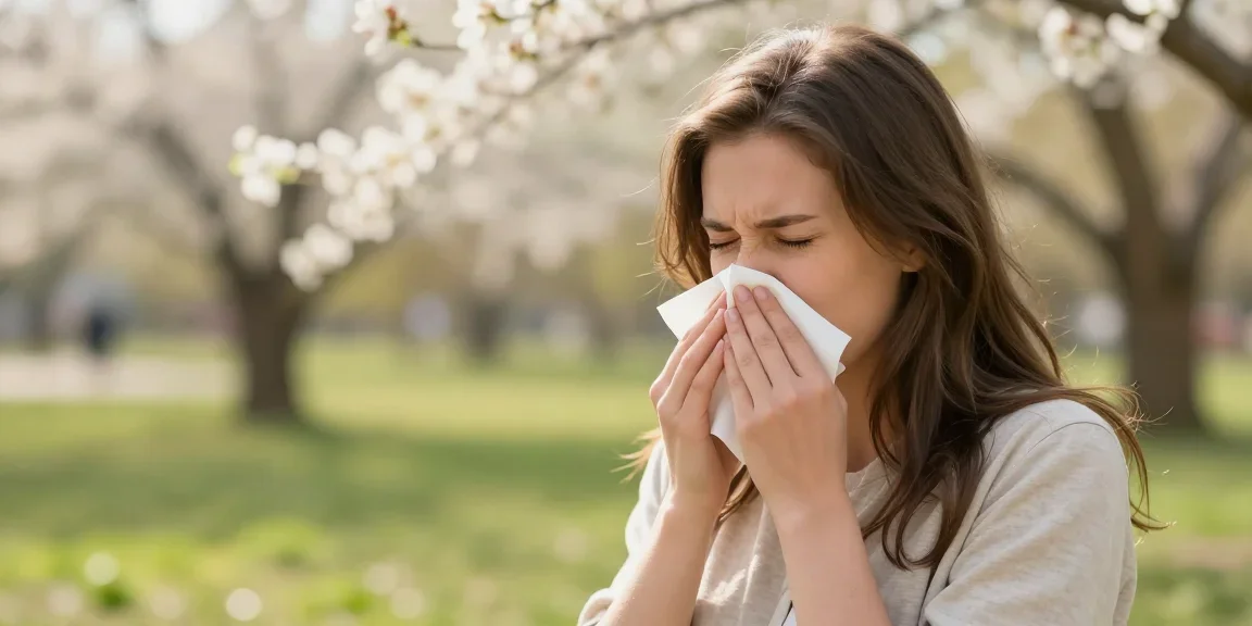 Traitement allergie au pollen — femme avec symptômes allergiques en extérieur