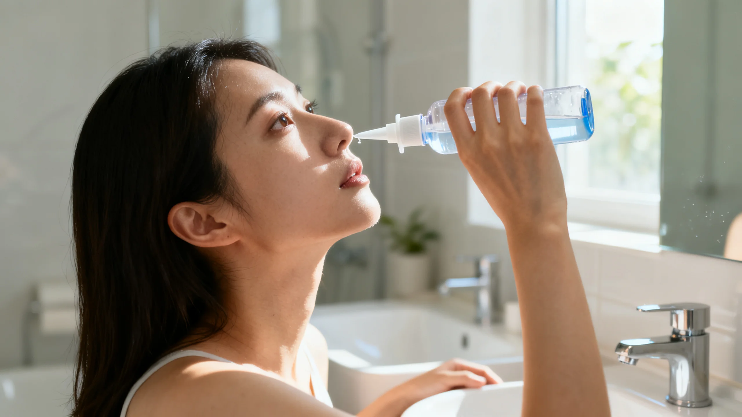 personne effectuant un lavage nasal pour traiter l'anosmie et libérer les voies nasales