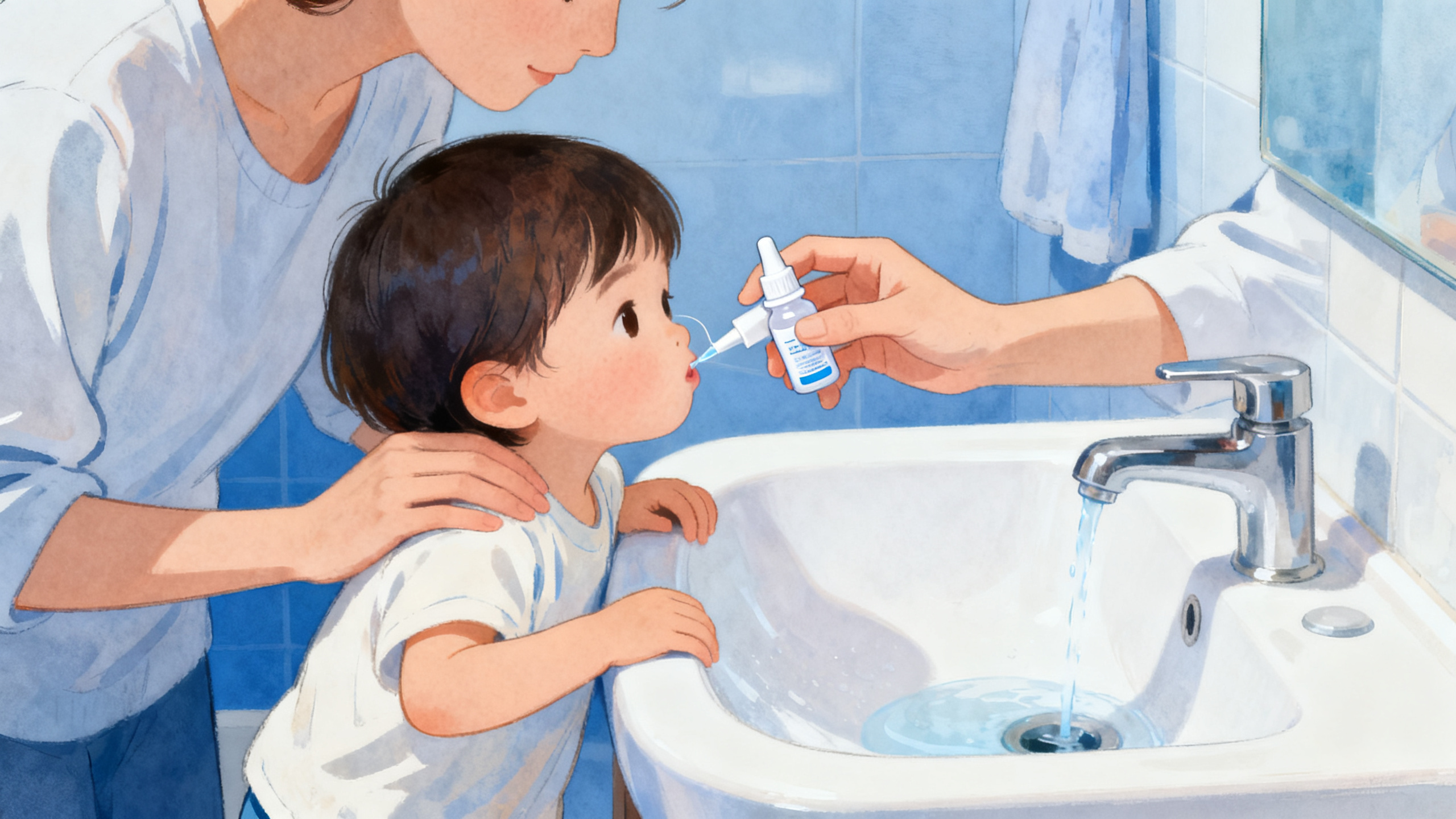 Lavage nasal isotonique chez l'enfant pour traiter la sinusite : flacon sérum physiologique et technique