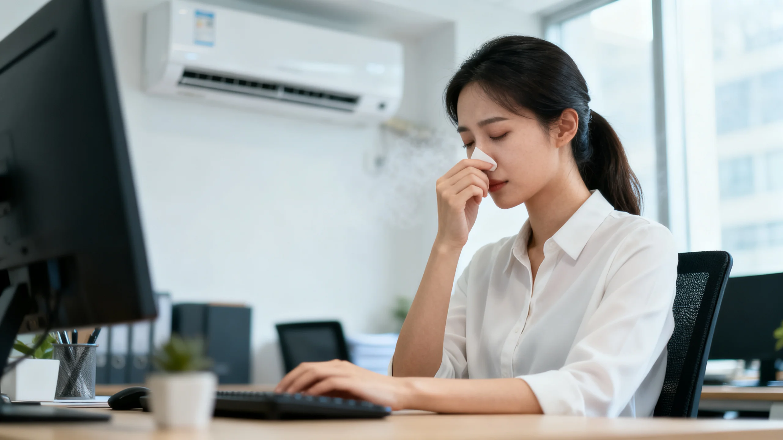 Femme au bureau avec nez bouché à cause de la climatisation